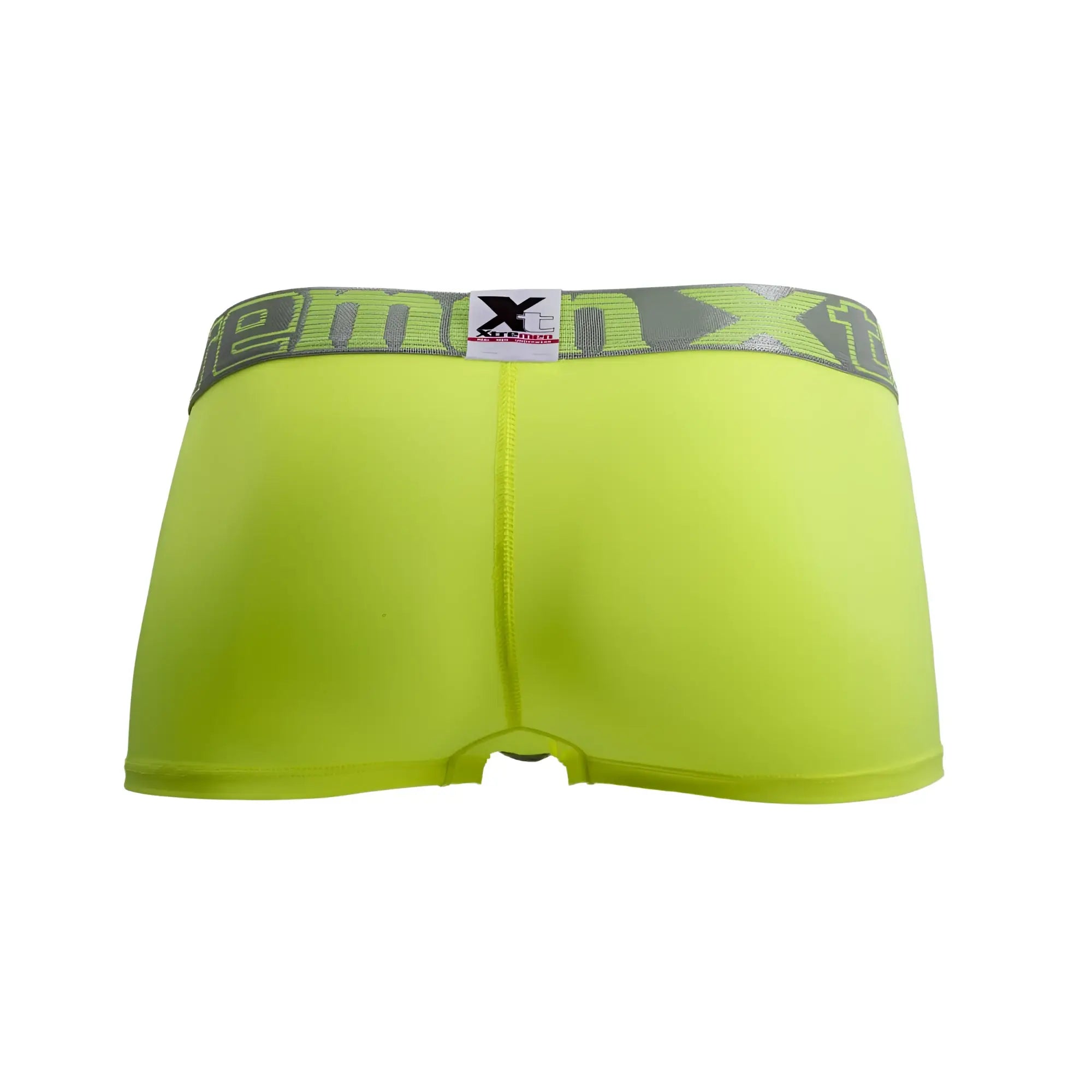 Bright neon green xtremen 91028 piping boxer briefs with gray elastic waistband and xtreme logo tag