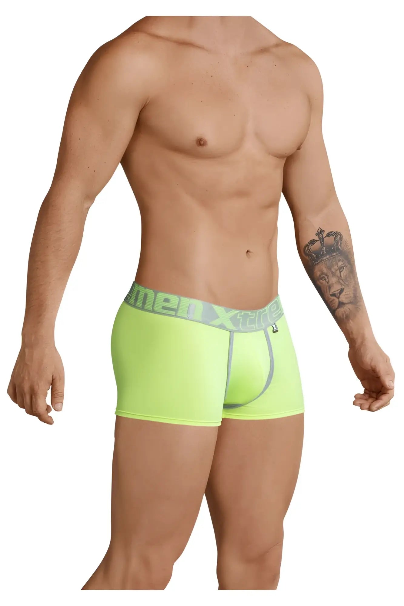Neon green xtremen 91028 piping boxer briefs with gray elastic waistband and menextra branding in bold lettering