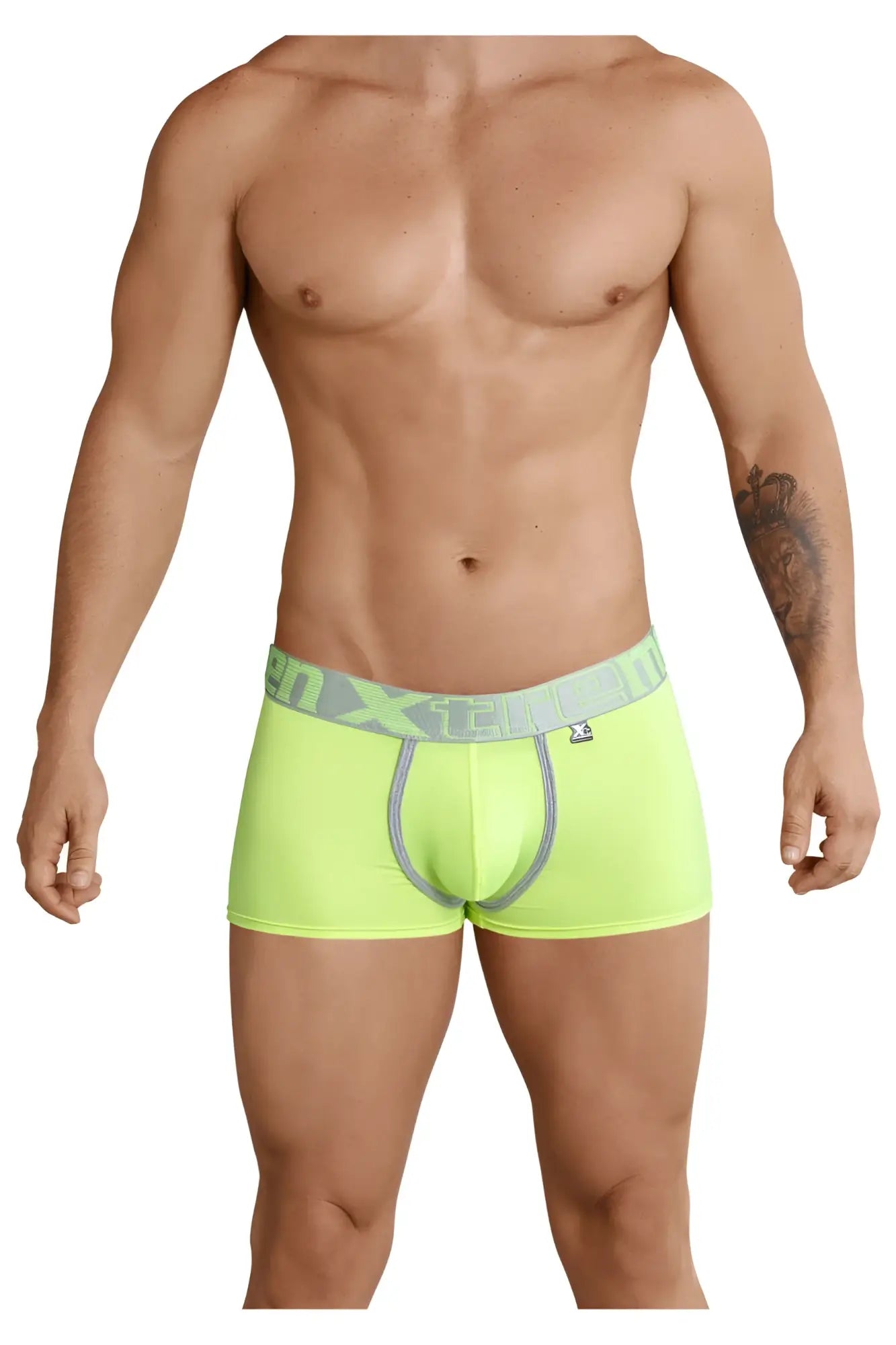 Neon green xtremen 91028 piping men’s boxer briefs with gray elastic waistband and x-treme logo for comfortable wear