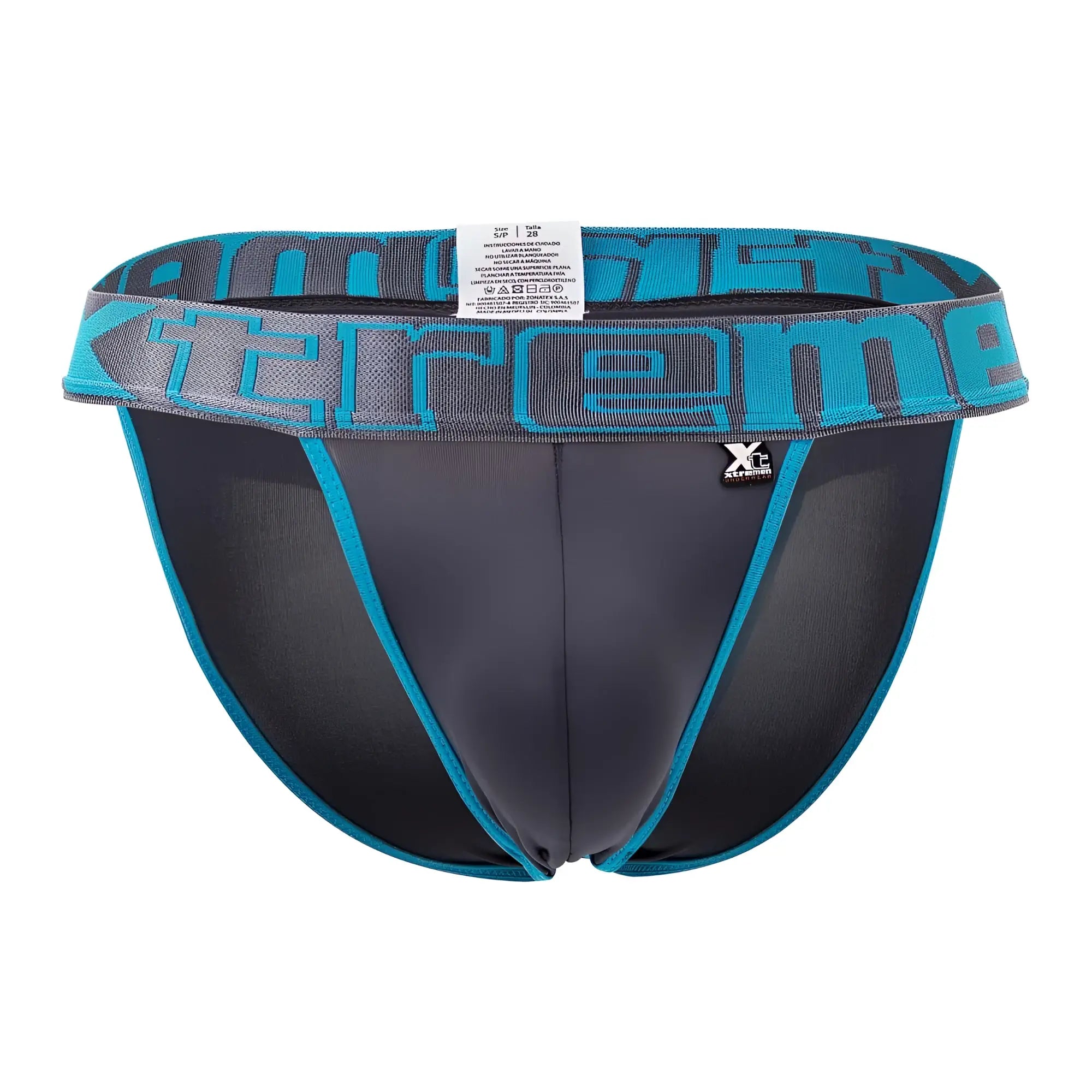 Black and teal athletic briefs with bold xtreme logo on waistband from xtremen 91057x-3 3pk bikini gray blue pink