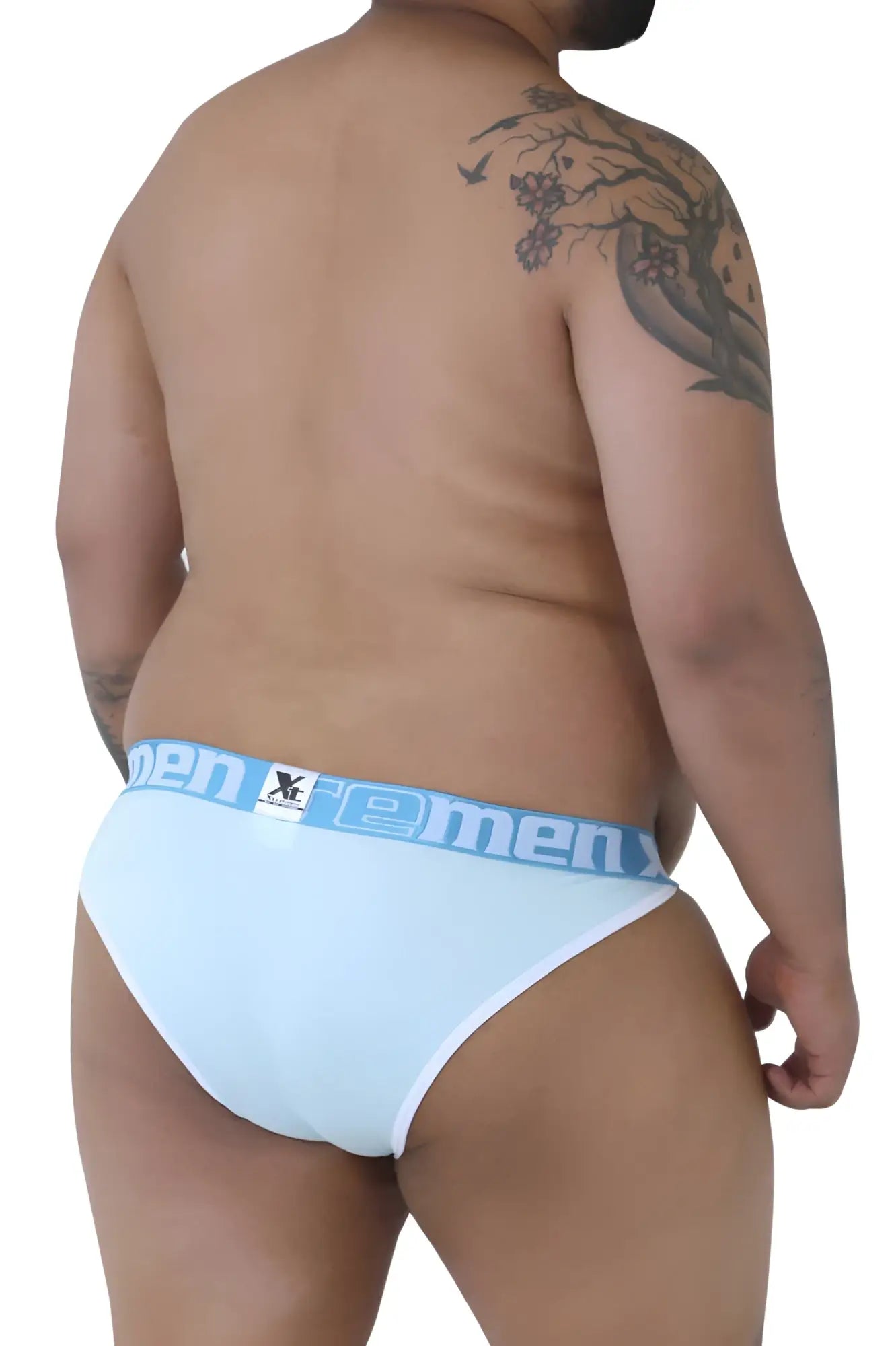 Light blue men’s briefs with white trim and x-men branding from xtremen 91057X-3 3pk bikini set in gray blue pink colors