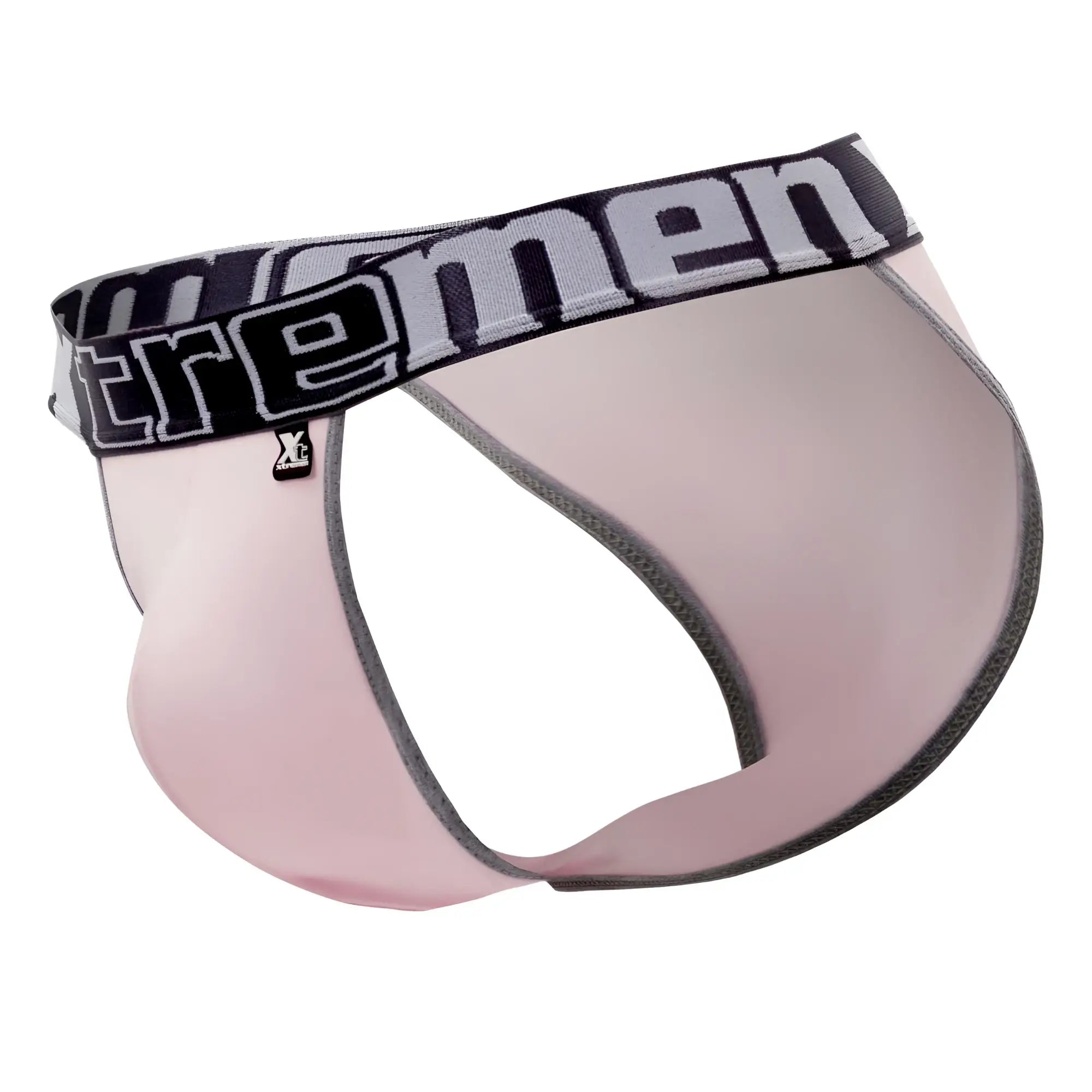 Pink translucent xtremen 91057x-3 men’s bikini briefs with black and gray elastic waistband and logo