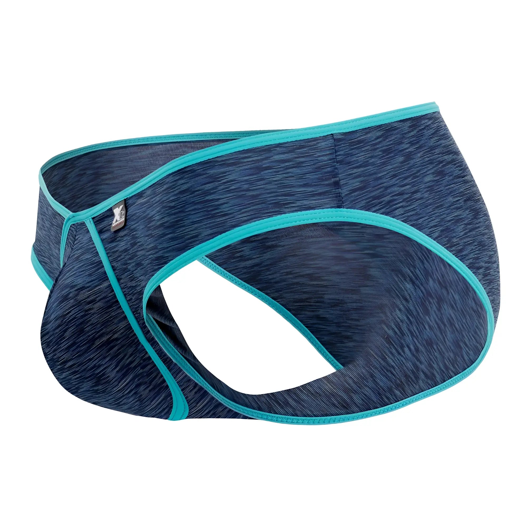 Xtremen 91074 microfiber briefs in dark blue with blue heathered fabric and teal trim featuring a small logo tag