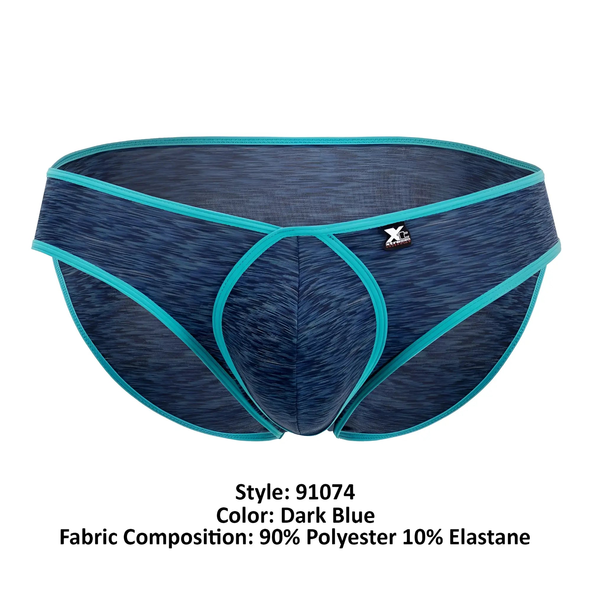 Dark blue xtremen 91074 microfiber briefs with teal trim and textured fabric featuring x-centric logo waistband
