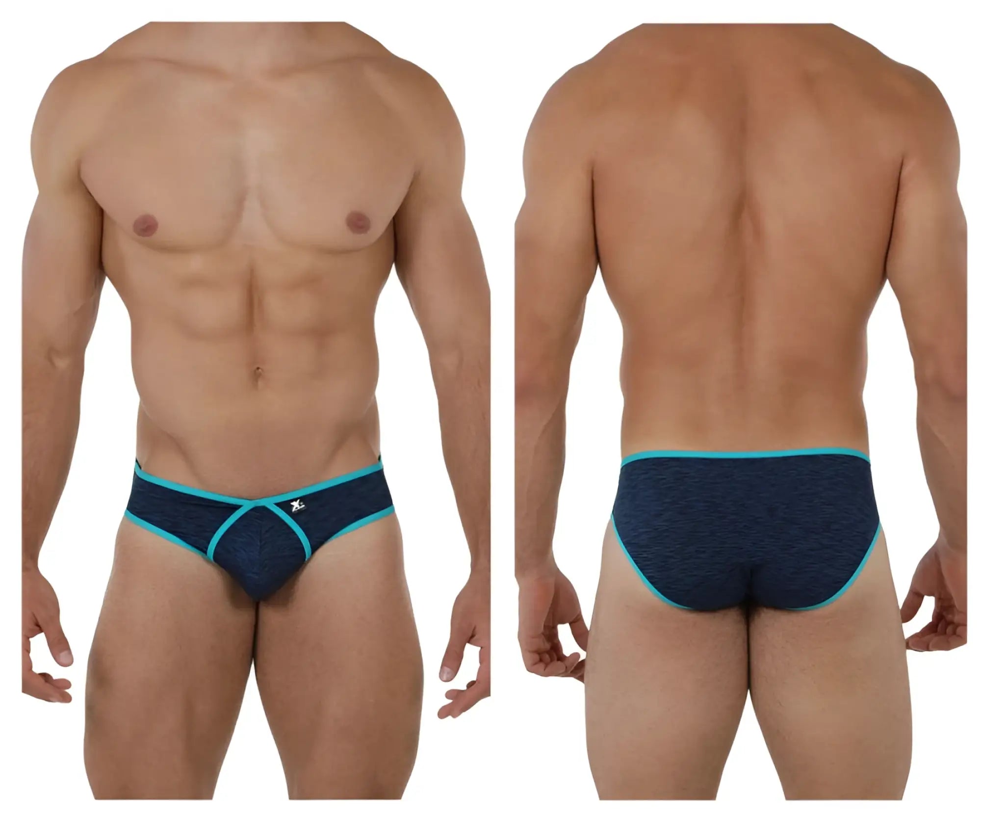 Navy blue and teal xtremen 91074 microfiber briefs with textured fabric and x-shaped front design