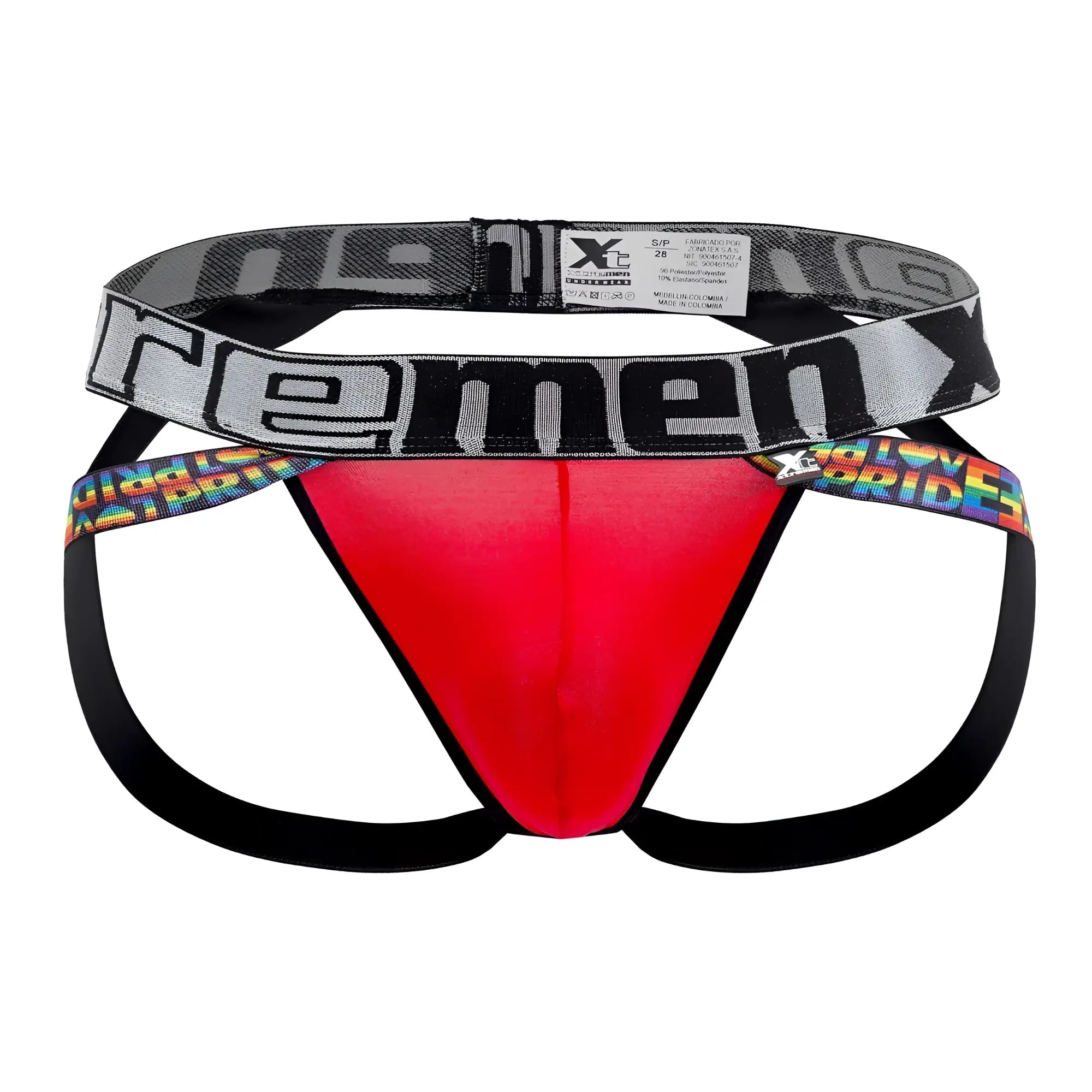 Red and black microfiber men’s briefs with bold reme logo on waistband from xtremen 91084 microfiber pride jockstrap color red