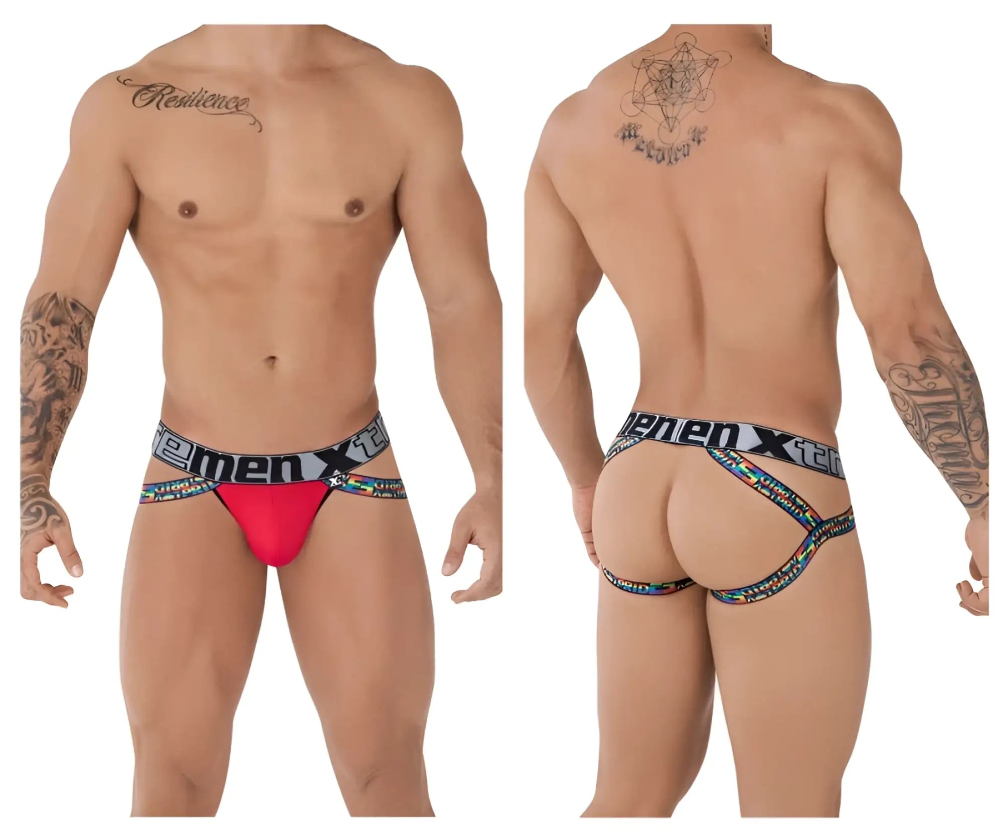 Red menxten xtremen 91084 microfiber pride jockstrap with black colorful patterned waistband
