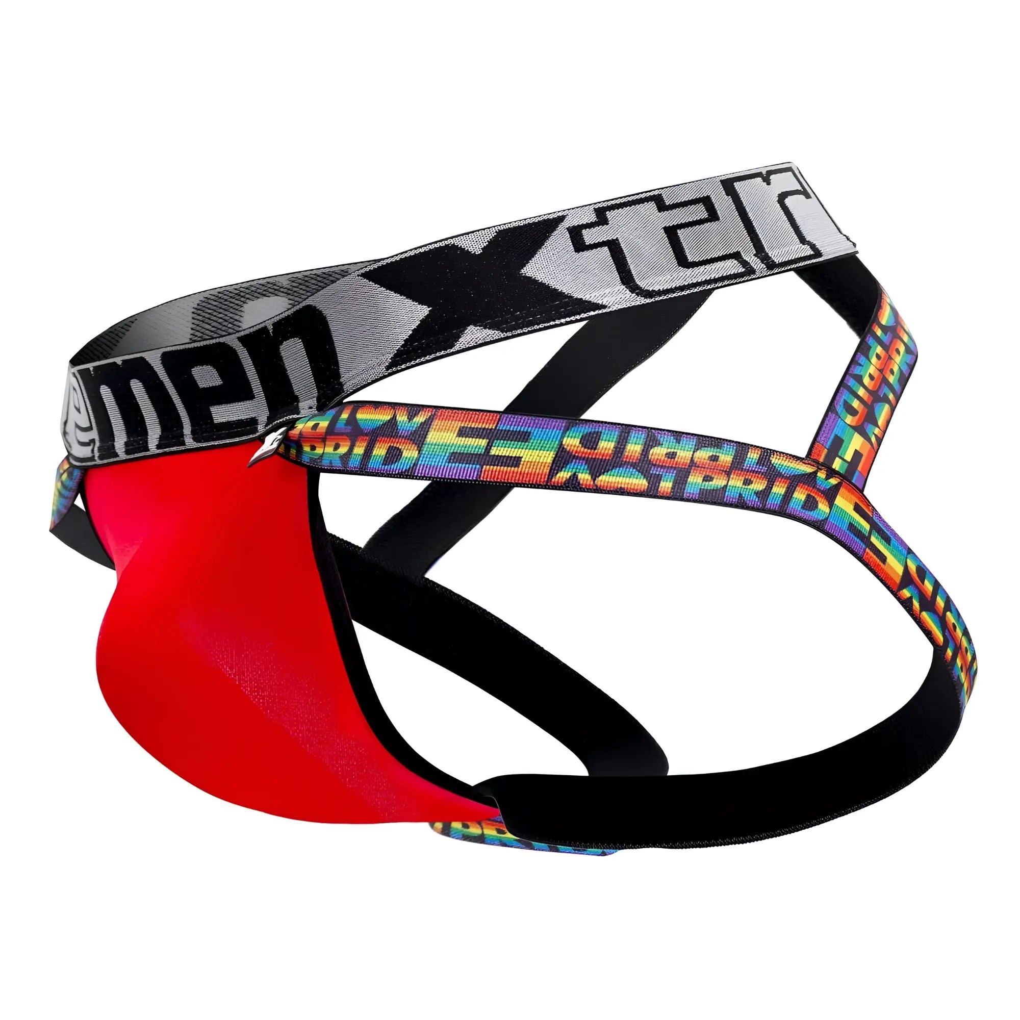 Red xtremen 91084 microfiber pride jockstrap briefs with black rainbow elastic straps and xtreme branding