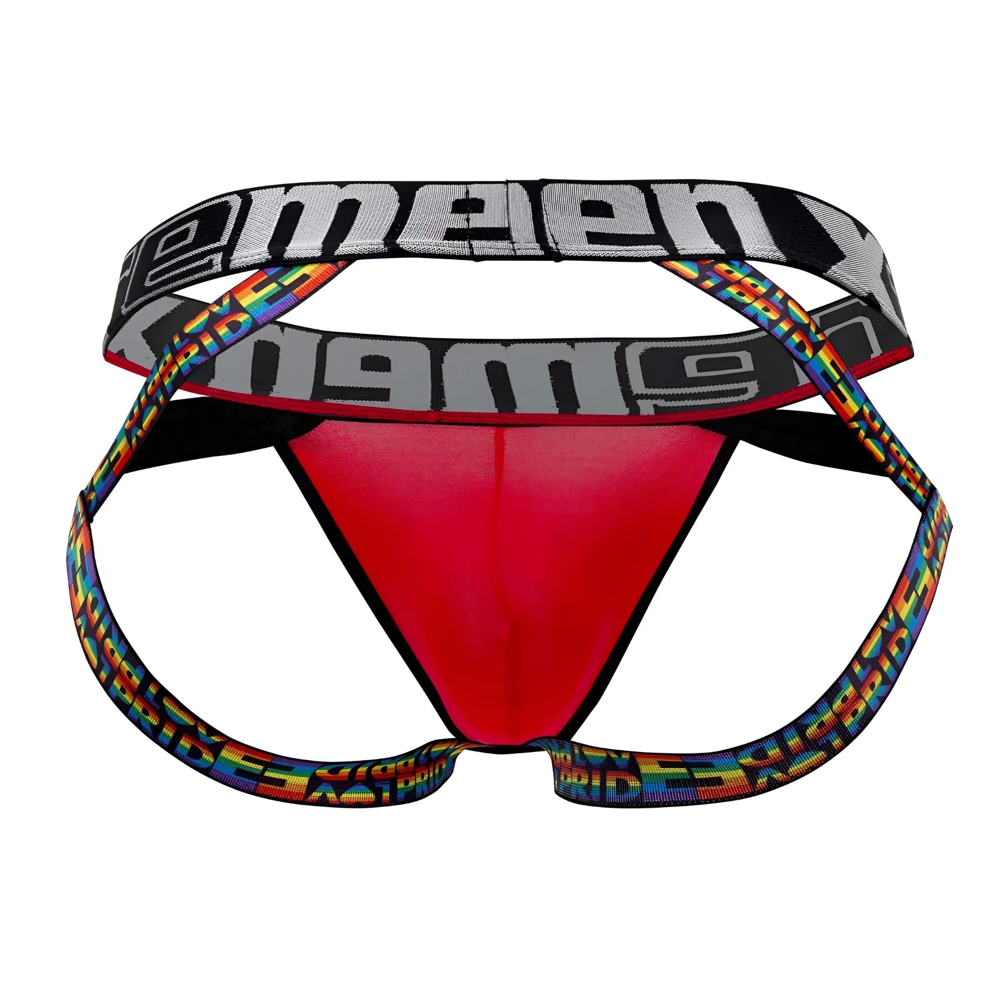 Red men’s microfiber briefs with black waistband and rainbow side straps branded kimeen xtremen 91084 pride jockstrap