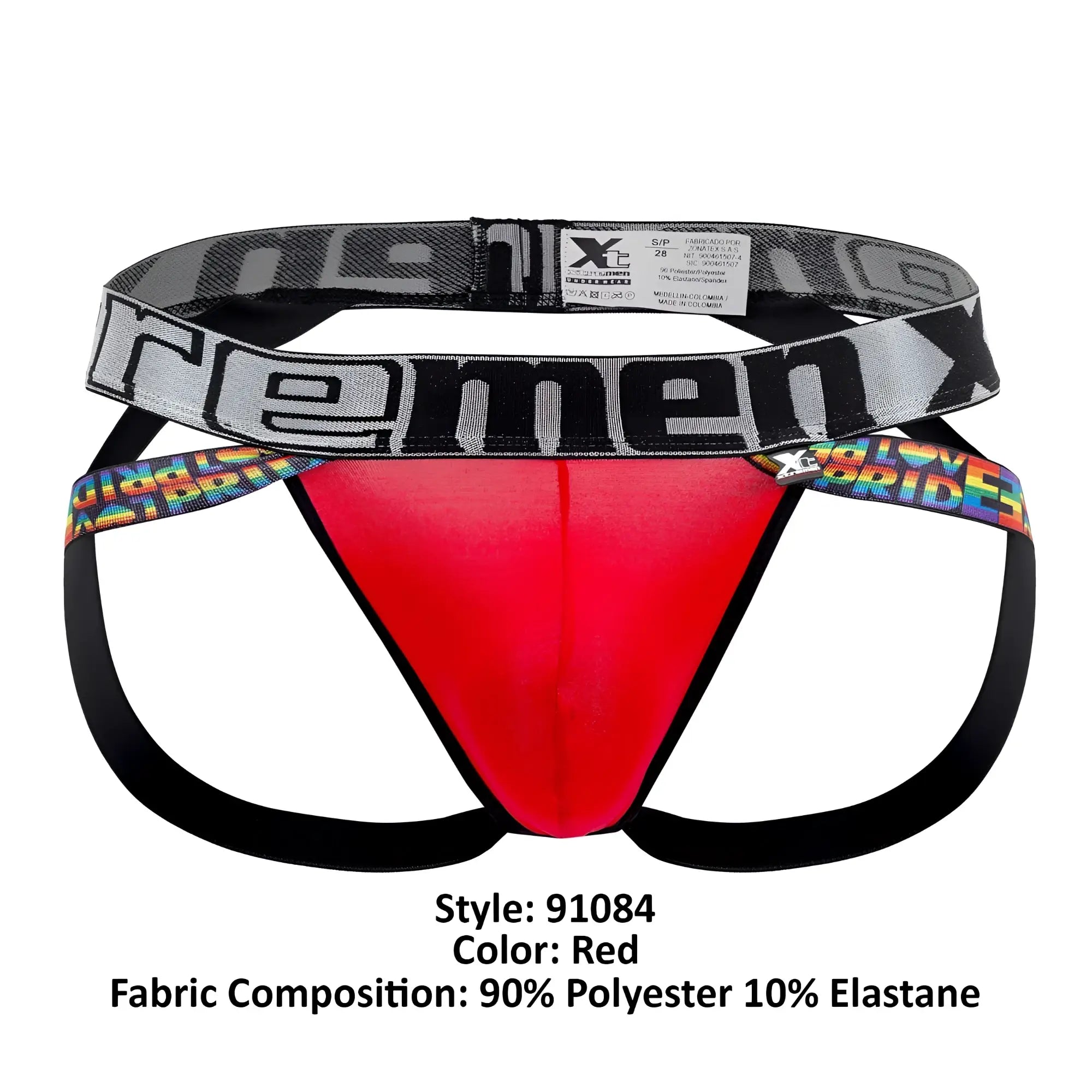 Red xtremen 91084 microfiber pride jockstrap with black waistband and rainbow trim on side straps