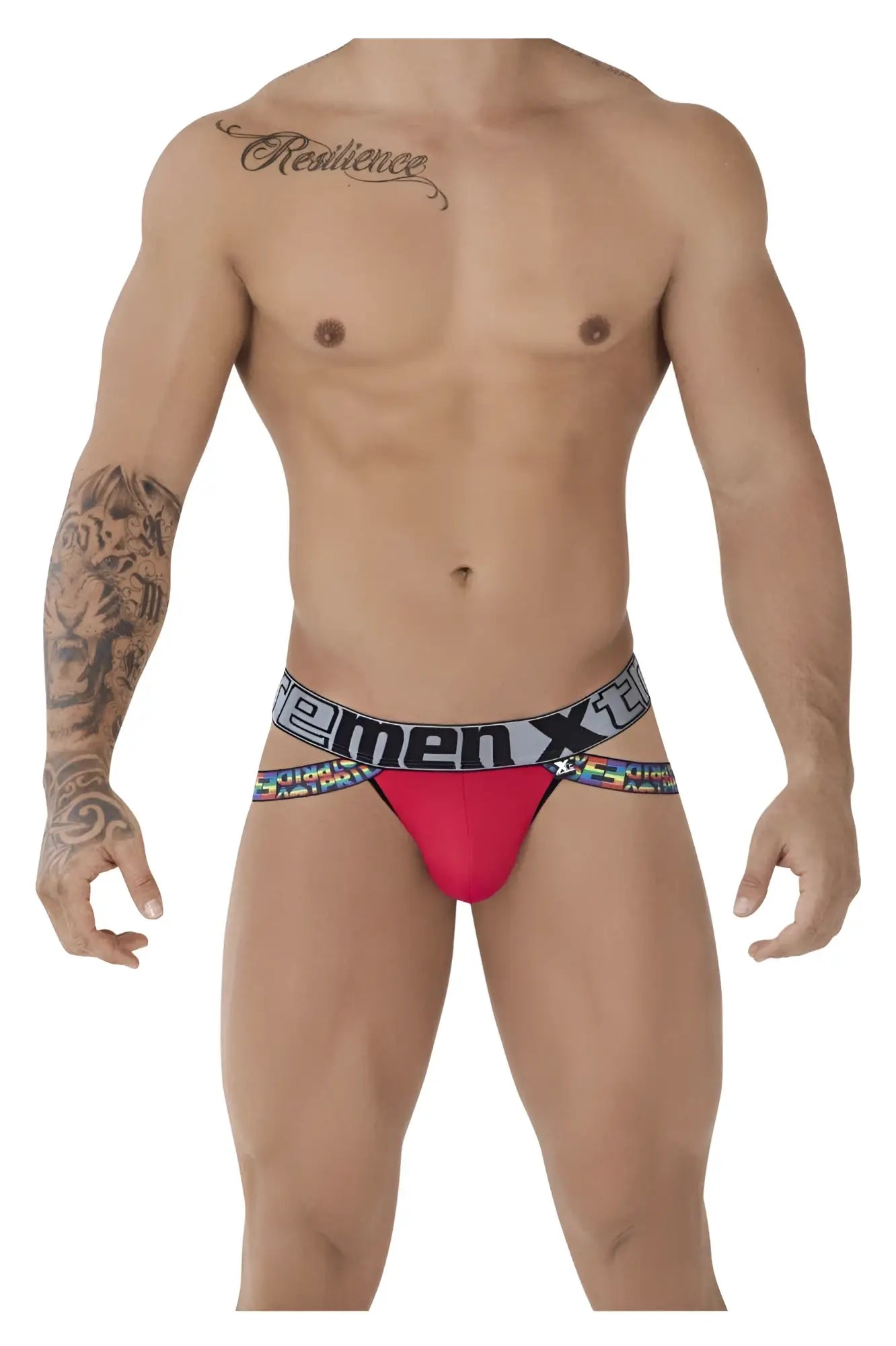 Red xtremen 91084 microfiber pride jockstrap with black and white branded xtreme waistband front view
