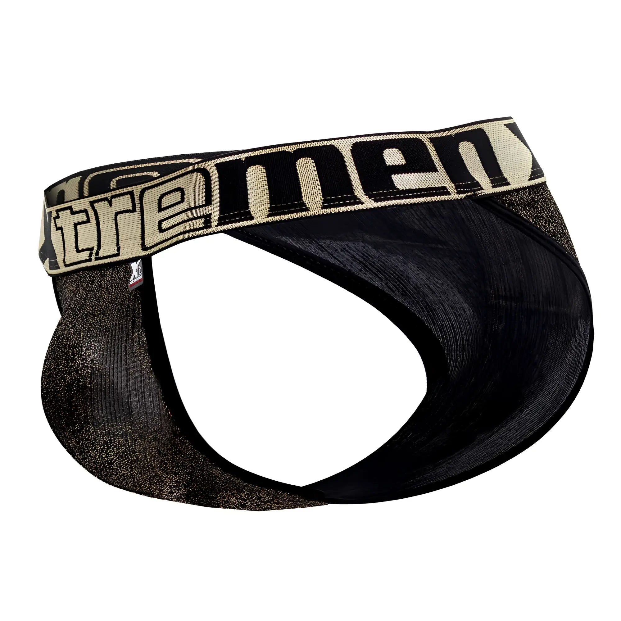 Black and gold glittery microfiber men’s bikini briefs with a bold Xtremen logo band in black color