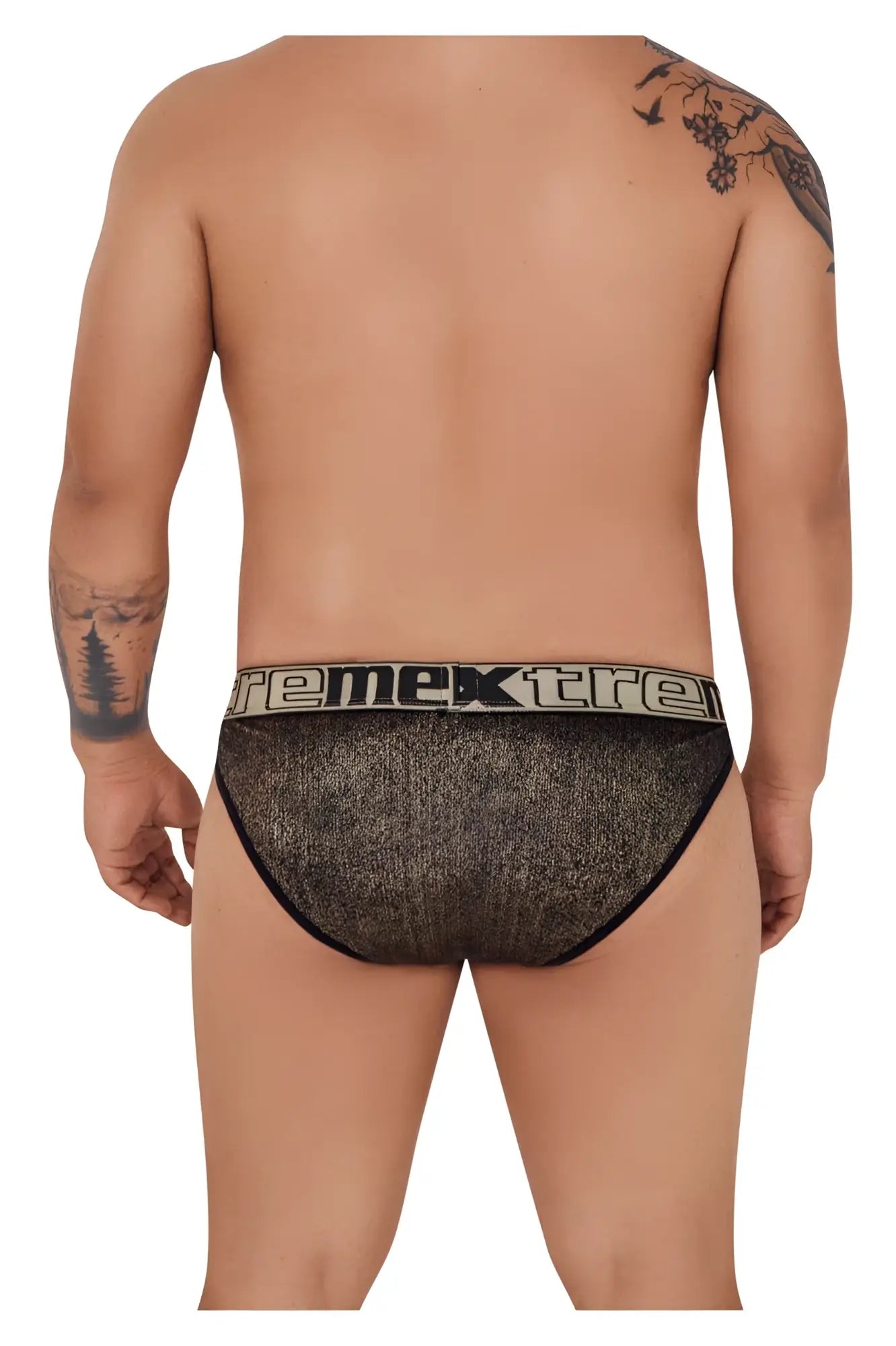 Black and gold textured mens microfiber briefs with branded waistband xtremen 91089x frice bikini front view