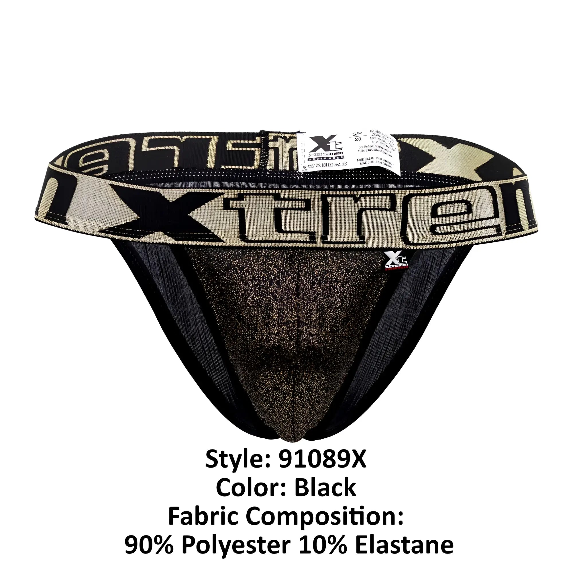 Black xtremen 91089x frice microfiber bikini briefs with glittery textured front and bold logo waistband branding