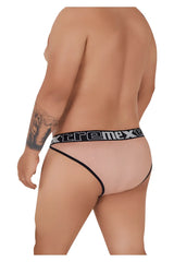 Beige mesh briefs with black trim and Xtremen branded waistband in microfiber bikini style color pink front view