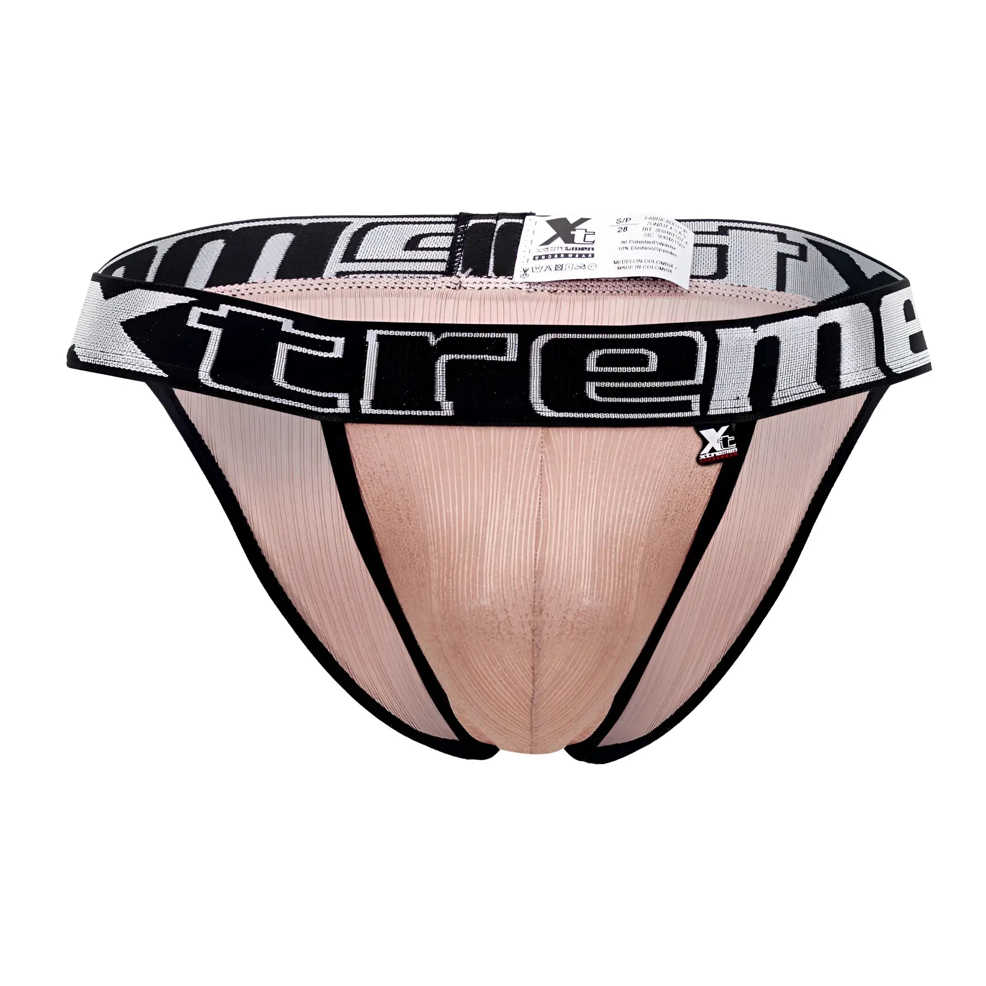 Beige ribbed men’s briefs with black trim and bold extreme logo band in microfiber fabric for comfortable wear
