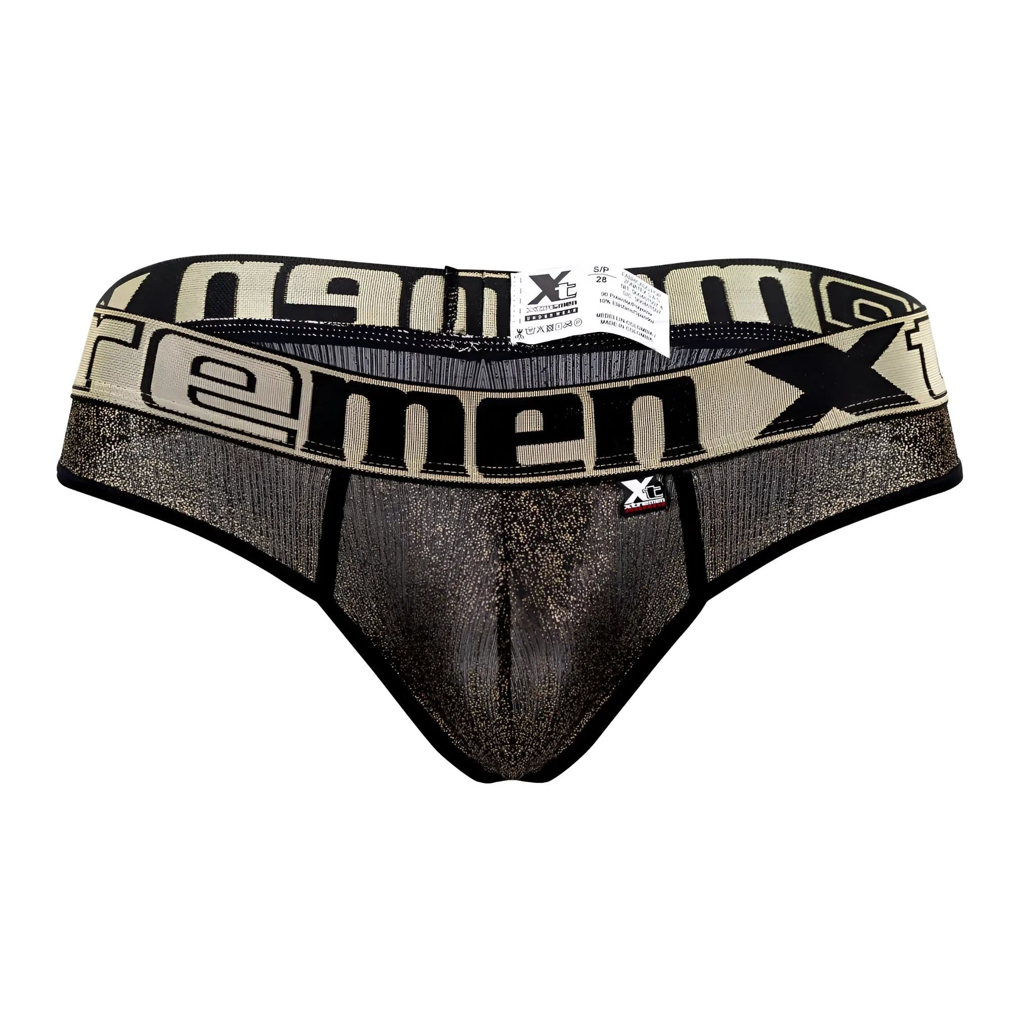 Black and beige glittery xtremen 91091x microfiber men’s briefs with bold xtreme branding on the waistband