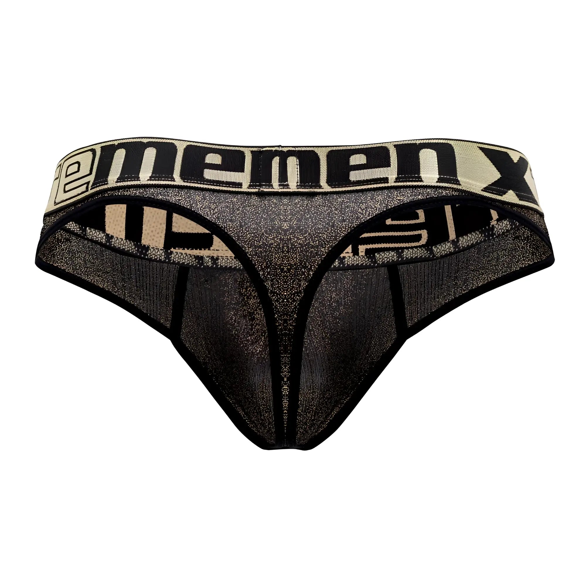 Black and beige mesh Xtremen 91091X microfiber thong with bold ememenx logo on the waistband front view