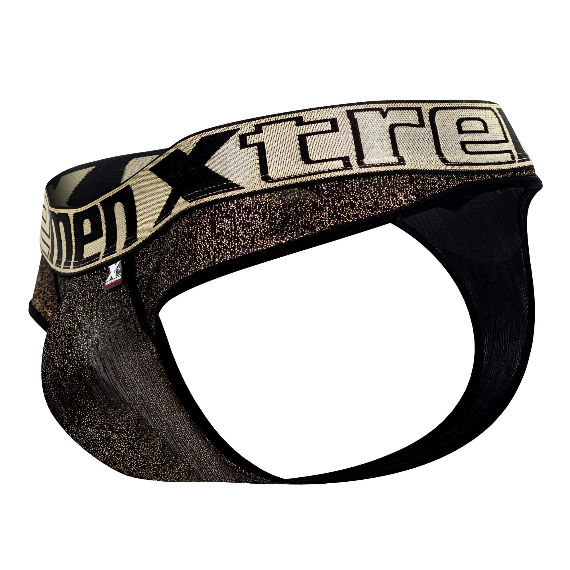 Black and gold glittery xtremen 91091x microfiber men’s briefs with bold xtreme logo band in black color