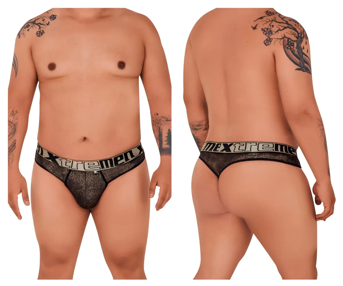 Black lace men’s briefs with shimmering microfiber fabric and extreme brand name on the waistband in black