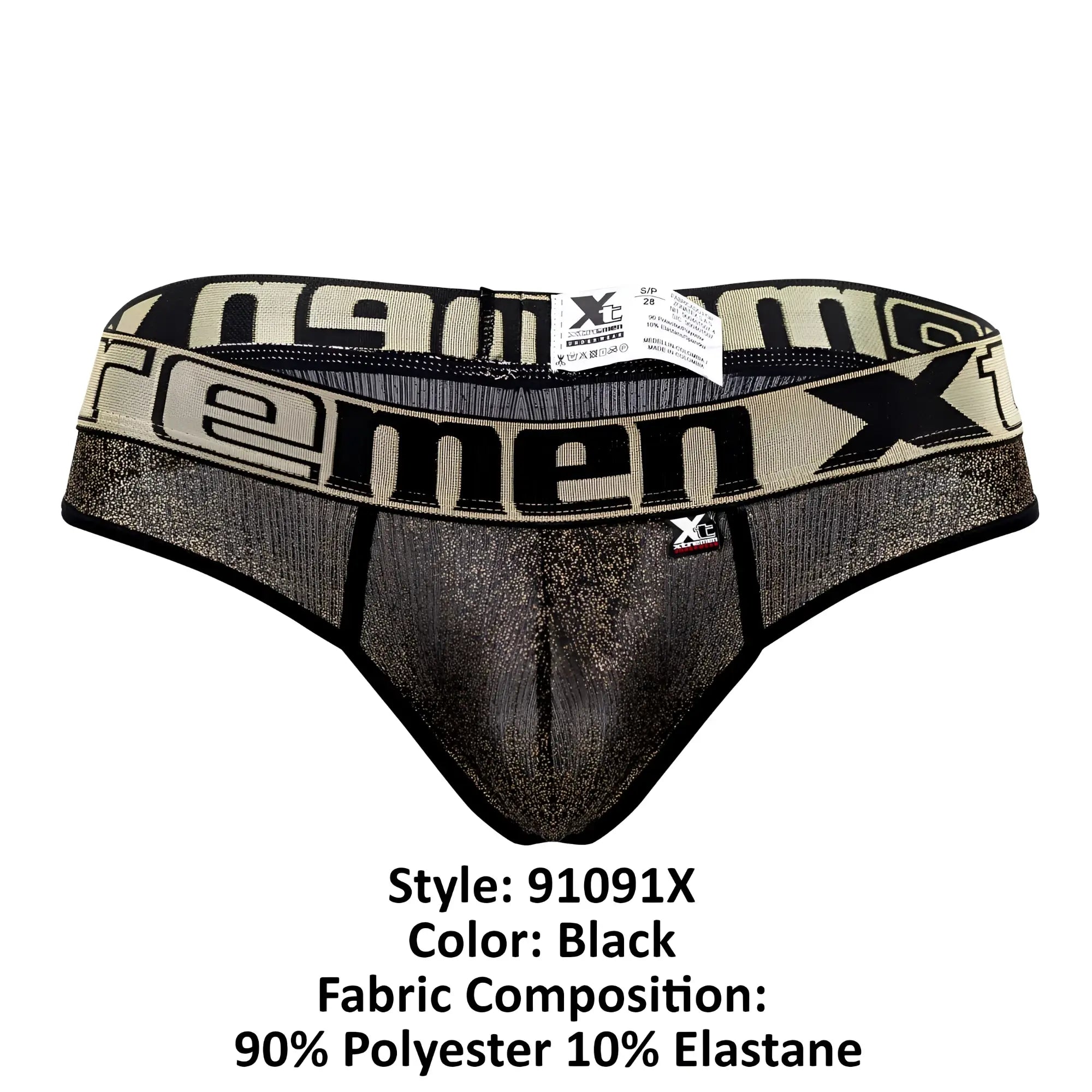 Black xtremen 91091x microfiber briefs with glittery texture and bold x branding on waistband