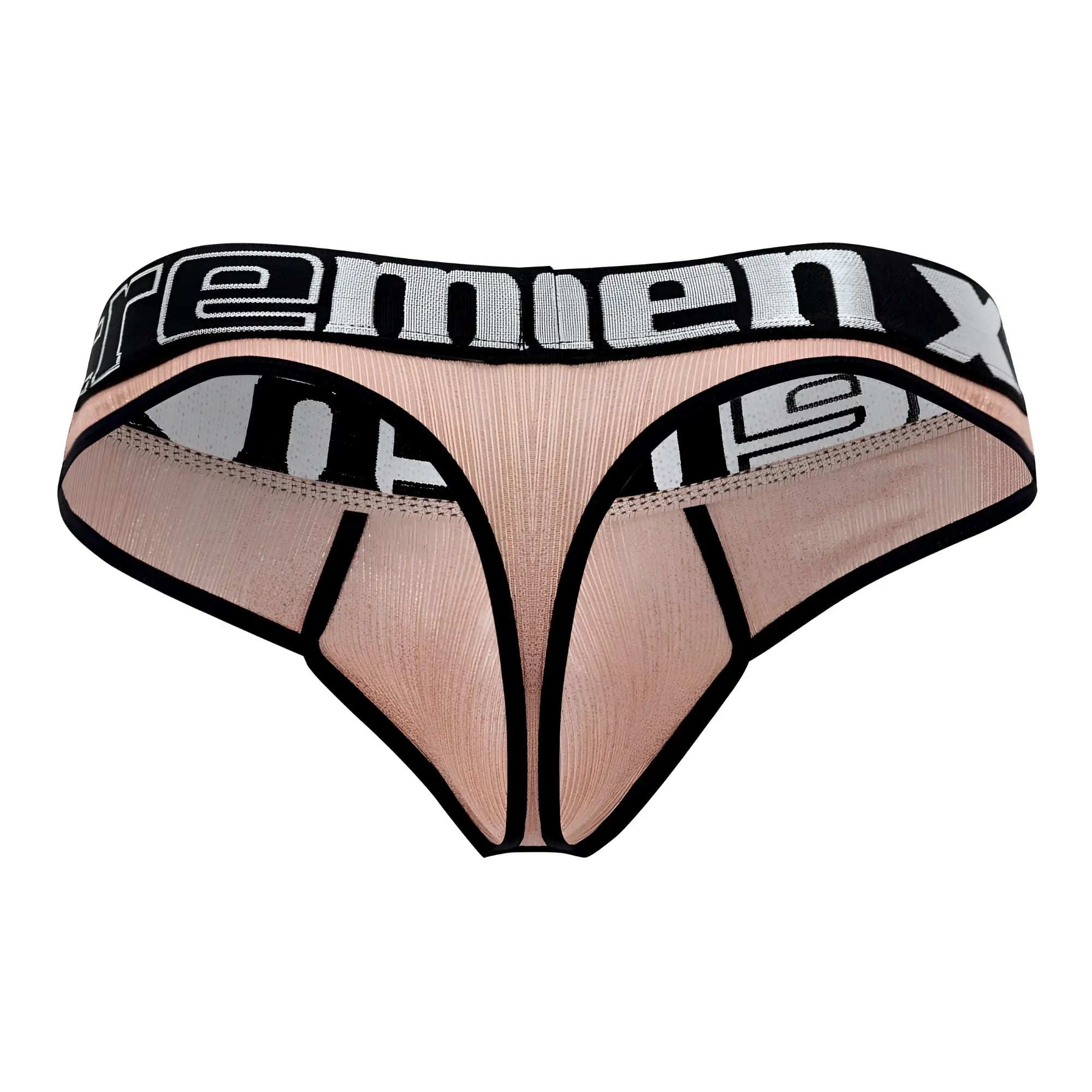 Beige and black microfiber mesh thong with premier x branding on the waistband from xtremen 91091x frice collection