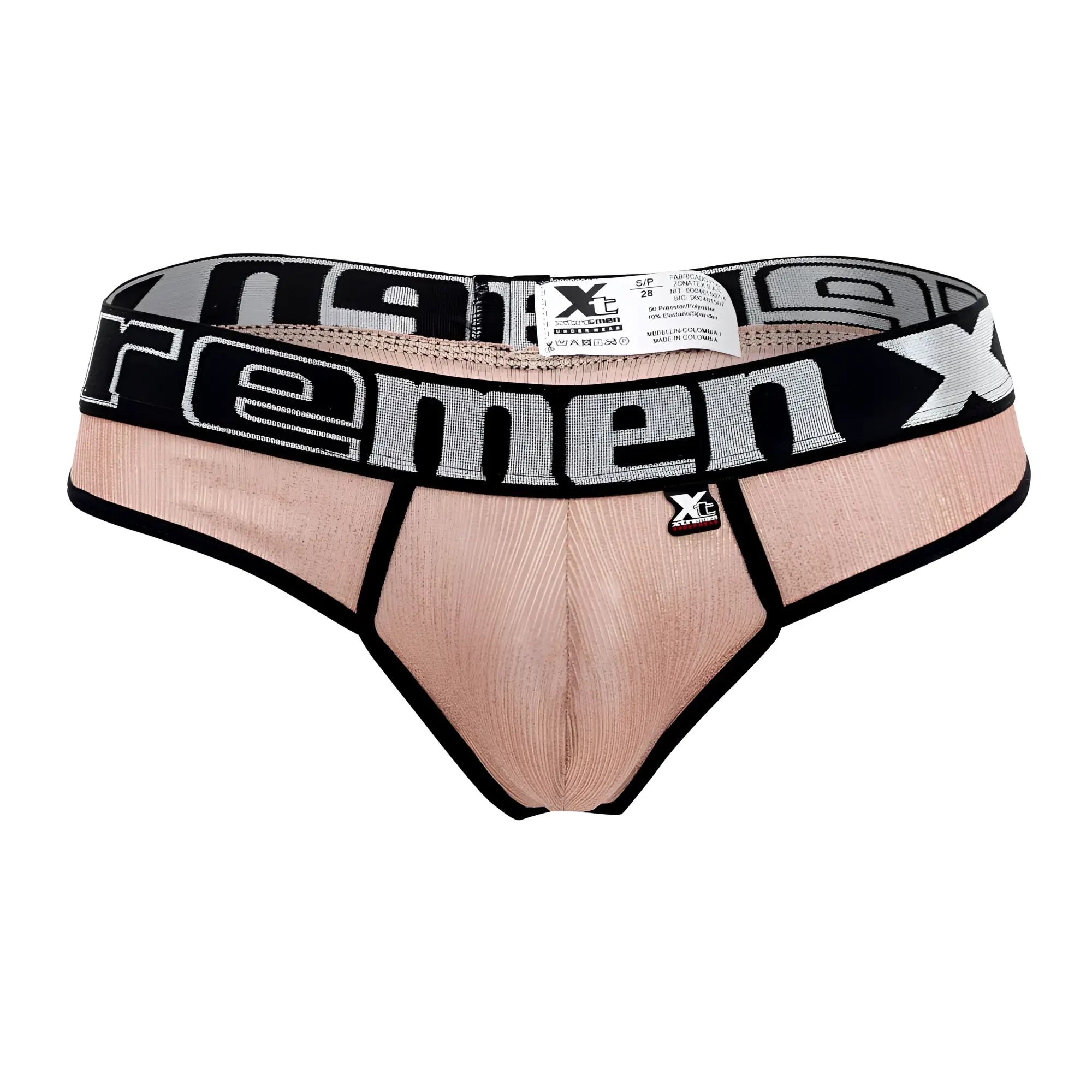 A peach-colored ribbed men’s brief with a black and gray xtreme elastic waistband in microfiber material
