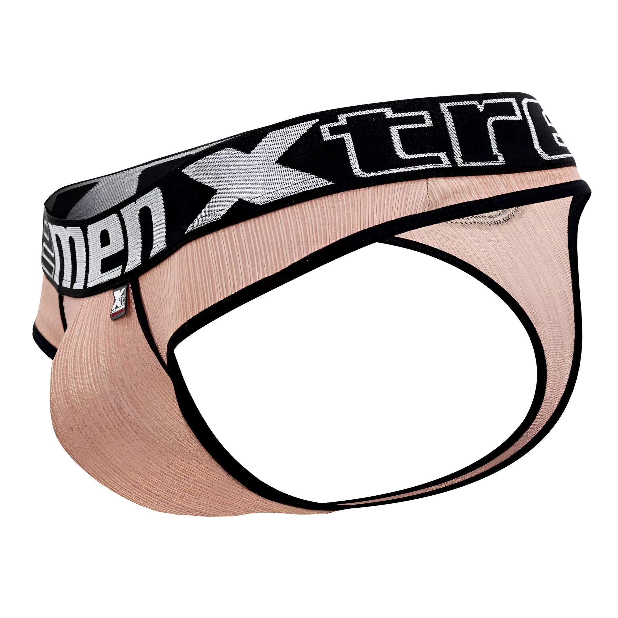 A blush pink xtremen 91091x microfiber men’s brief with black waistband and white xtreme branding and ribbed texture