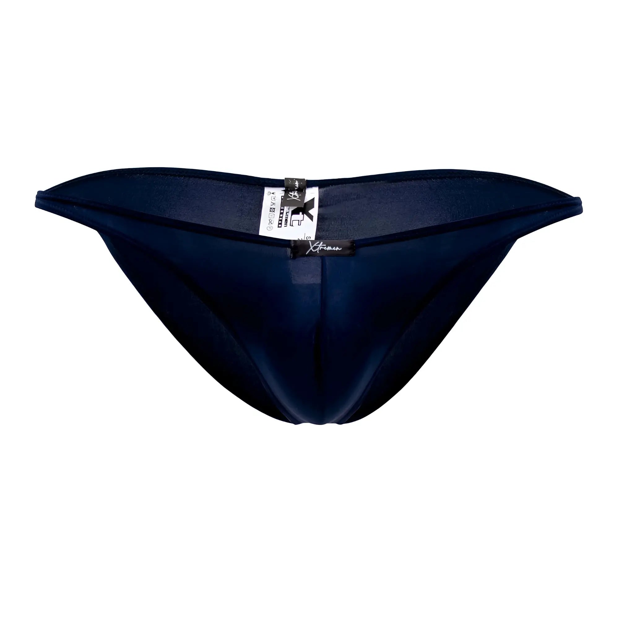 Navy blue sheer mesh thong with black brand tag at the back from Xtremen 91093X microfiber bikini collection