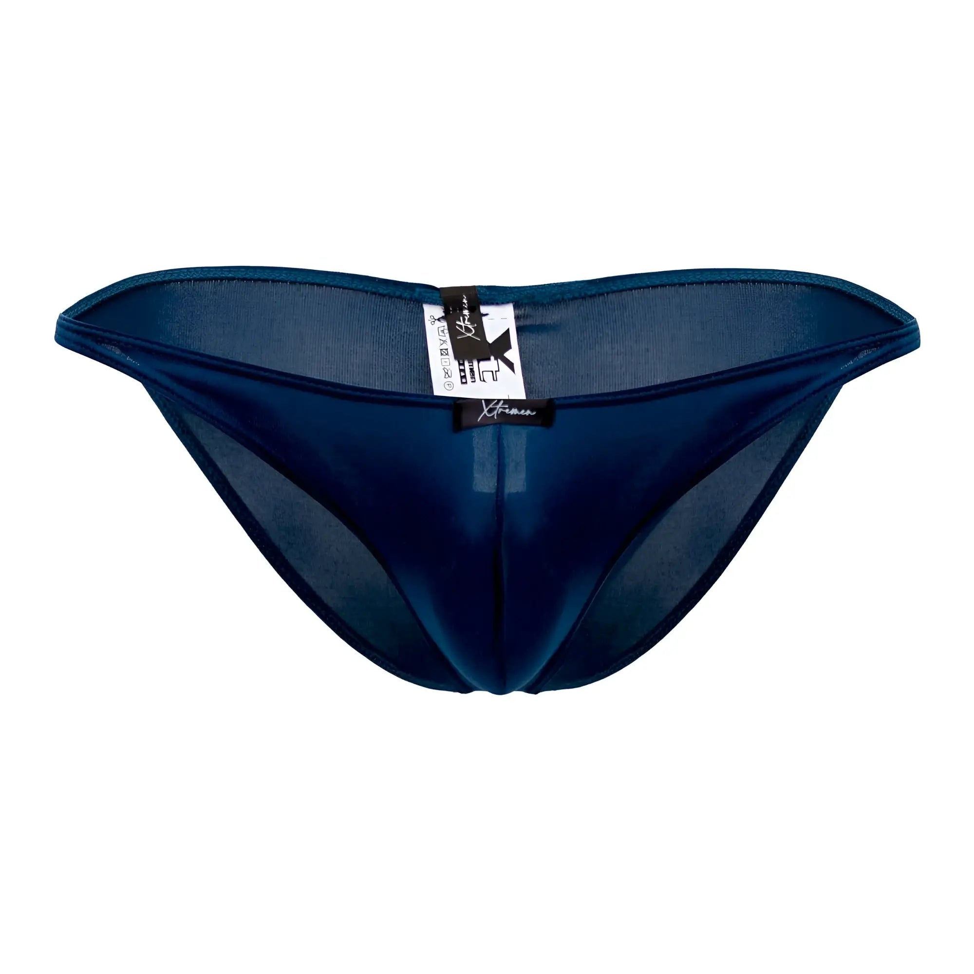 Dark blue sheer mesh thong with solid fabric back panel and branded tags in Xtremen 91093X microfiber bikini petrol