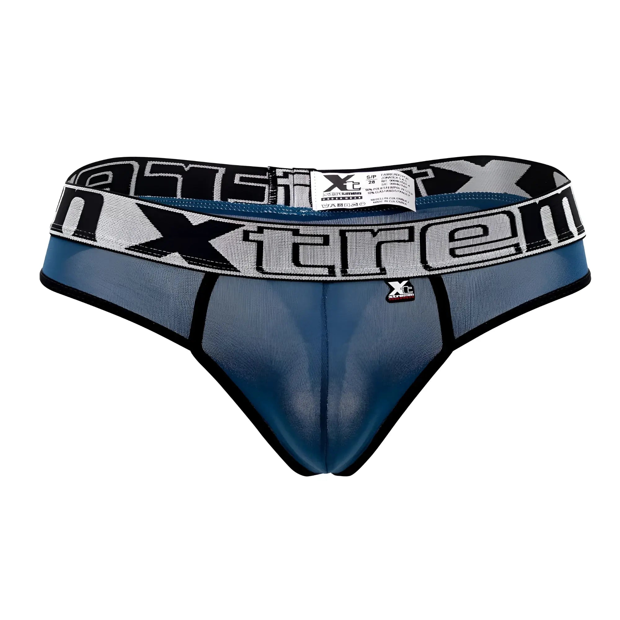 Blue mesh microfiber briefs with black and gray xtreme elastic waistband in petrol color front view