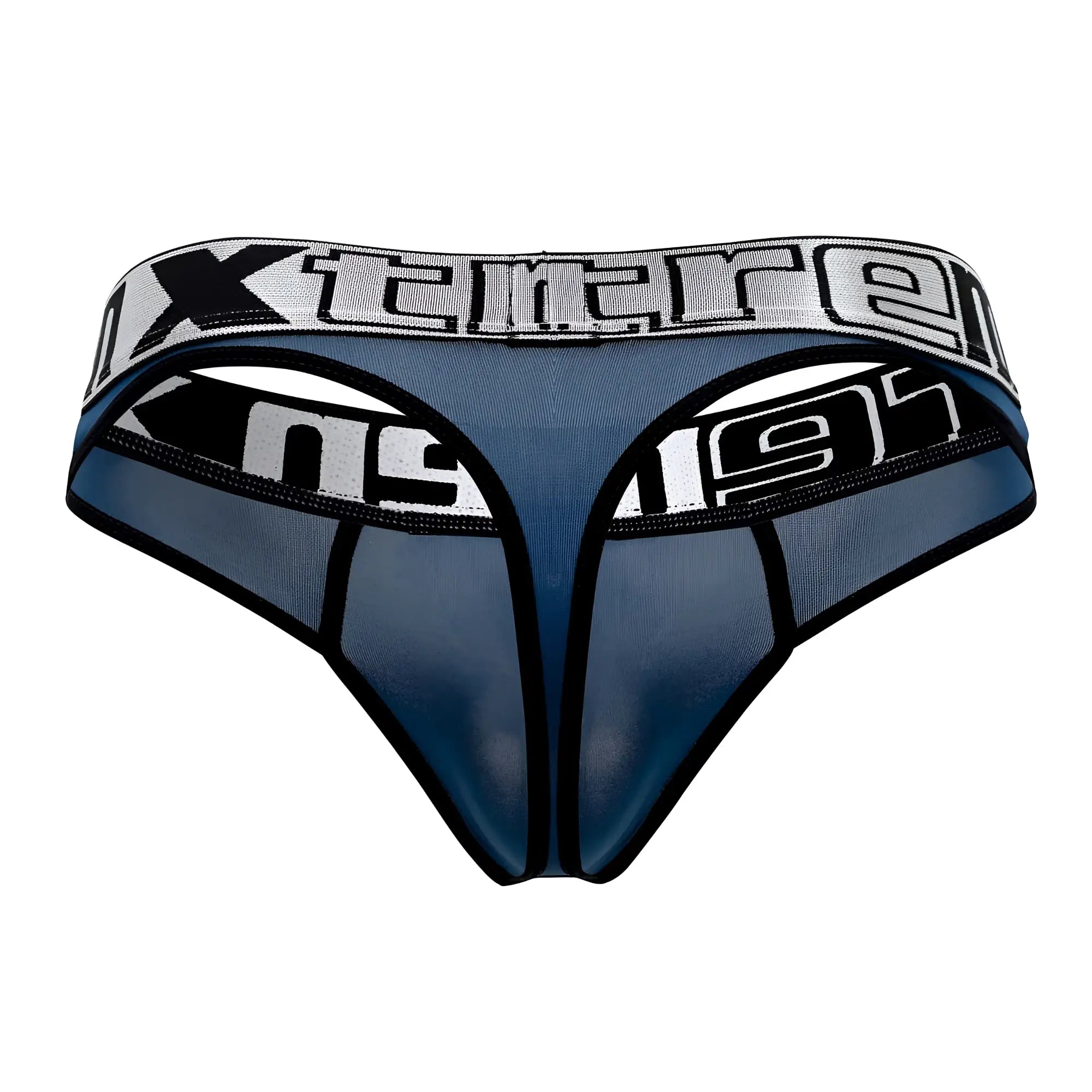 Blue mesh microfiber thong with black trim and gray xtreme waistband in petrol color for daily wear