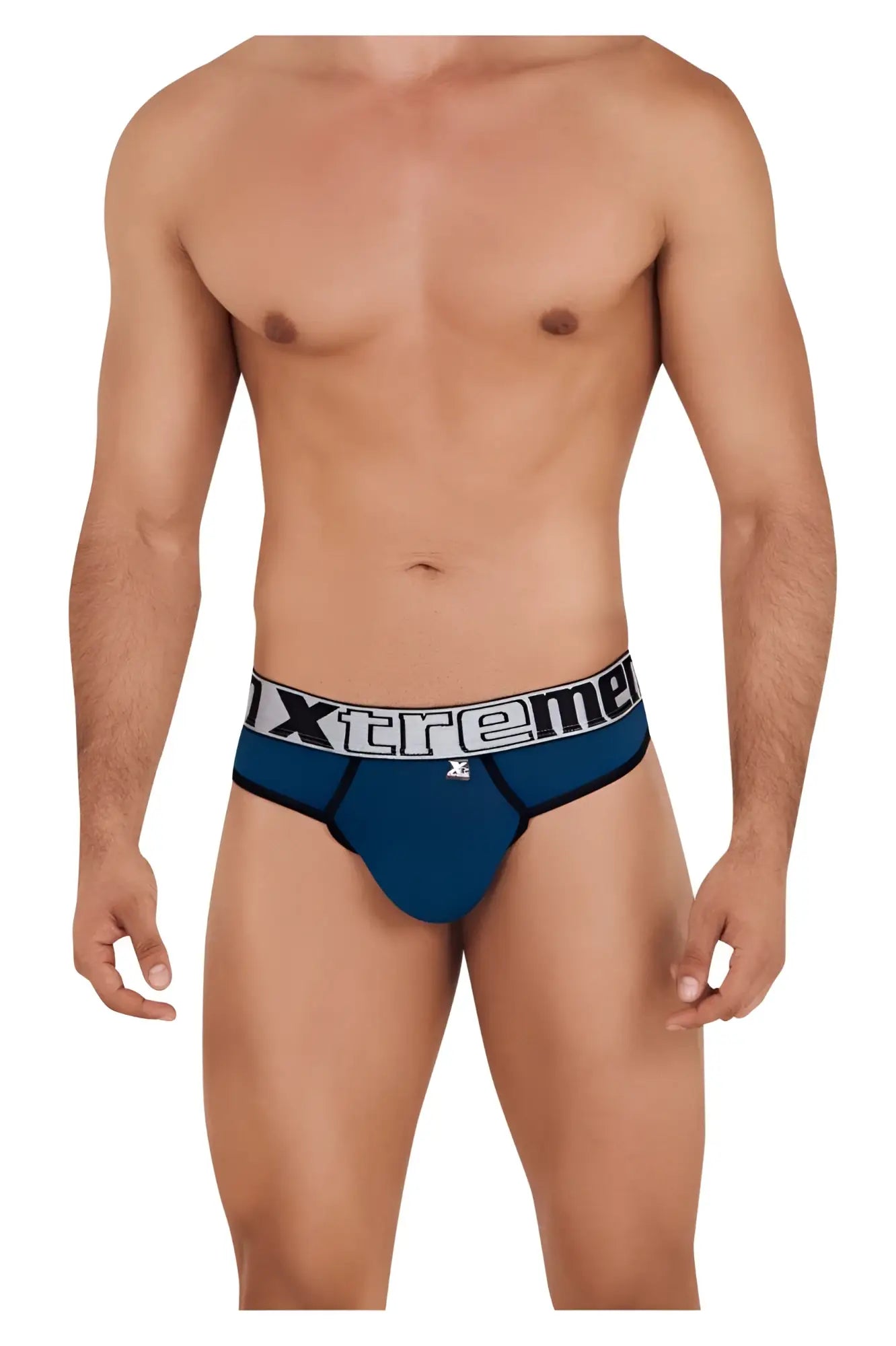 Blue xtreme microfiber briefs in petrol color with white and black logo band showing front side details