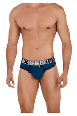 Blue xtreme microfiber briefs in petrol color with white and black logo band showing front side details