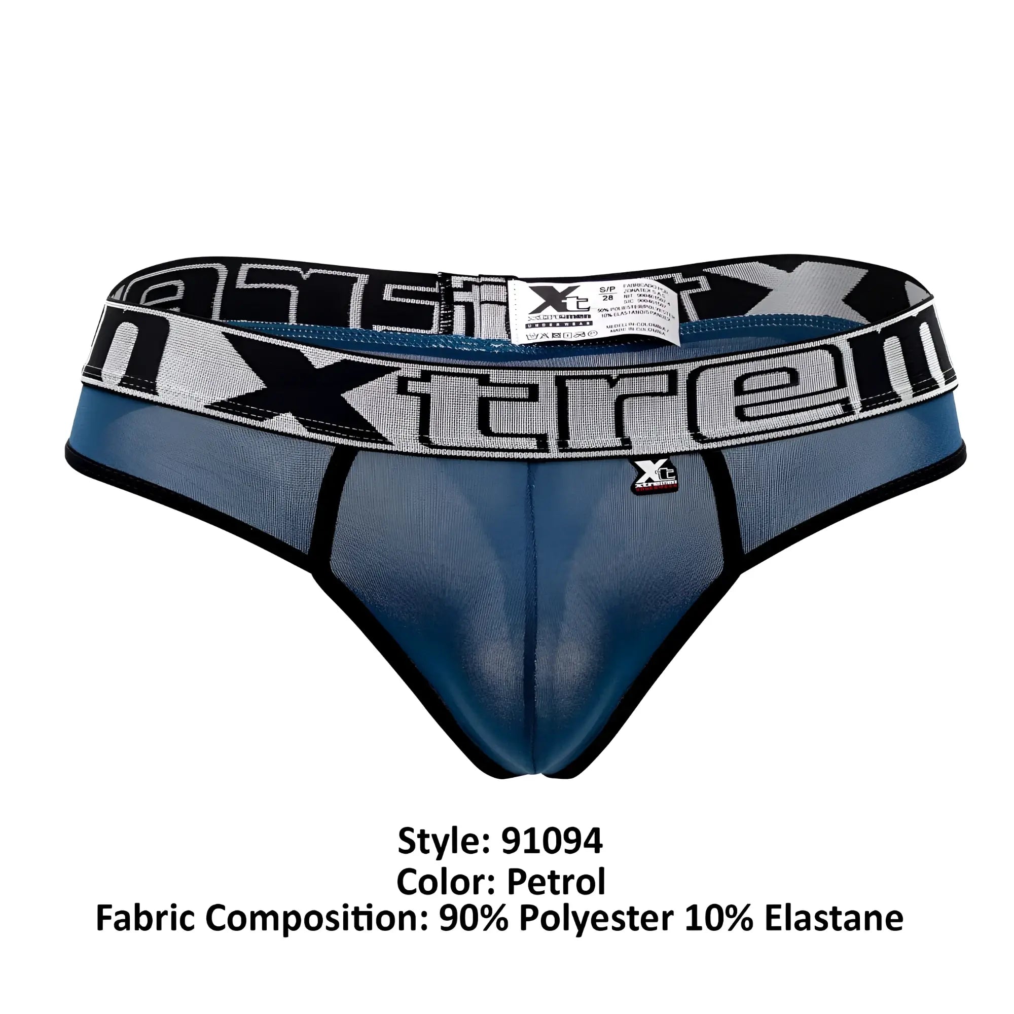 Petrol-colored xtremen 91094 microfiber thongs with mesh front panel 90% polyester 10% elastane and bold waistband branding
