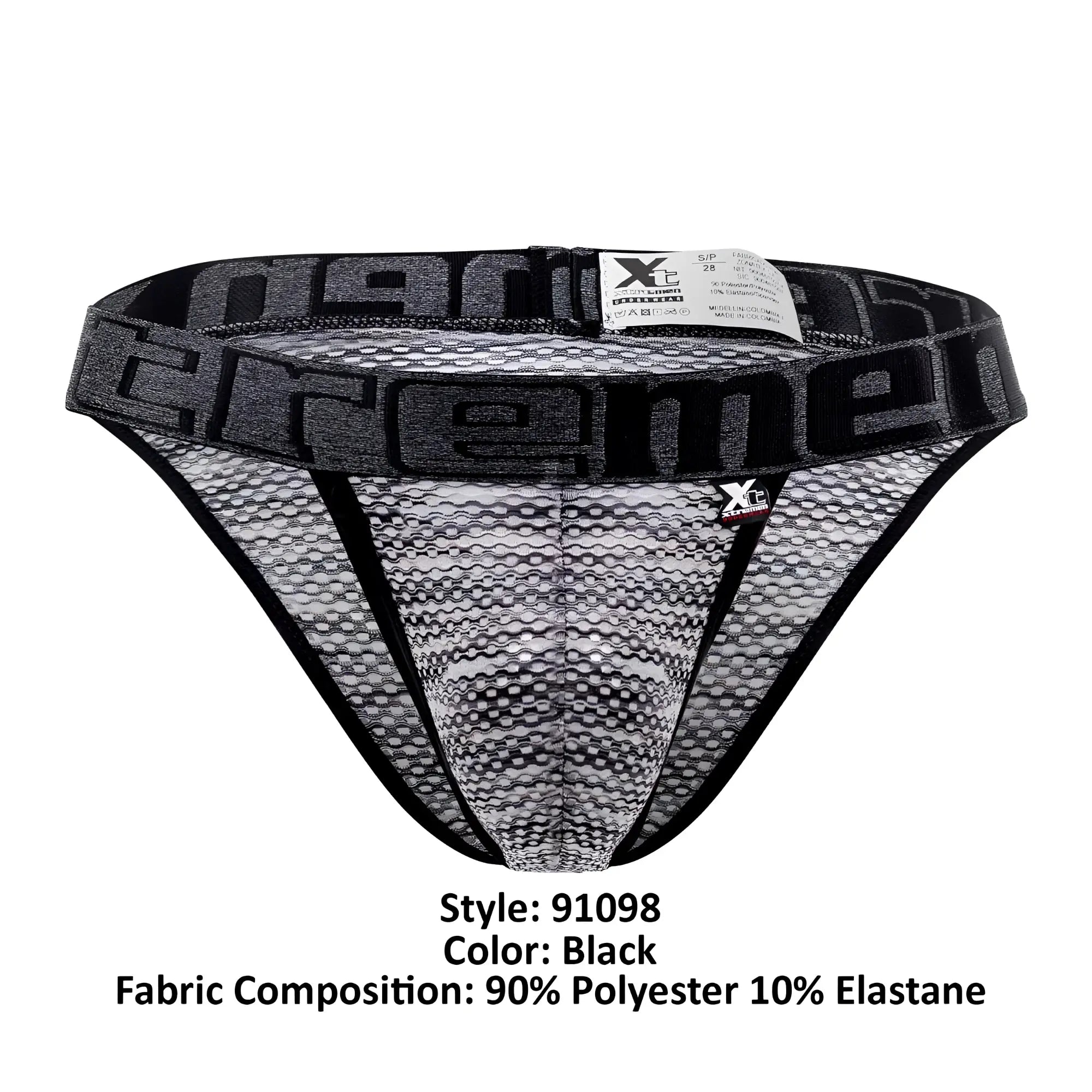 Black mesh microfiber athletic briefs with bold extreme logo band and black trim in xtremen 91098 bikini style