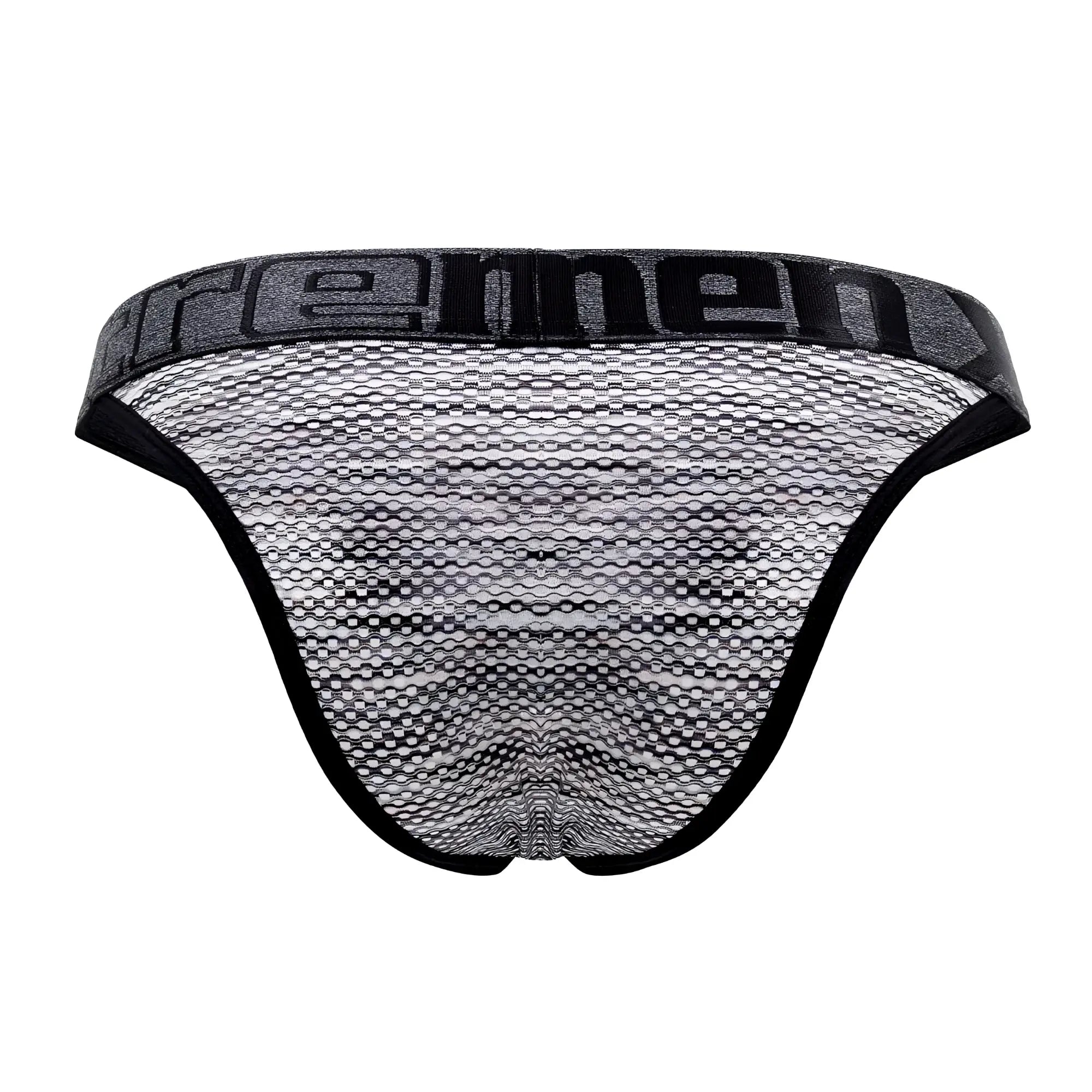 Xtremen 91098 microfiber mesh bikini briefs in black with gray accents and bold remen logo on the waistband