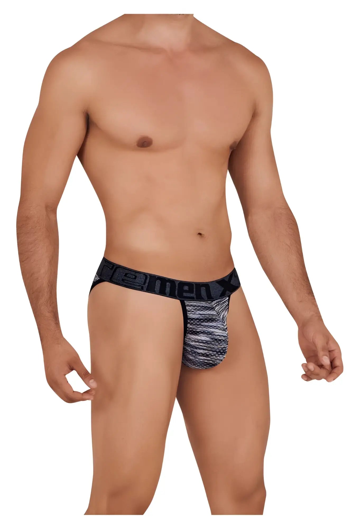 Black and gray patterned men’s Xtremen 91098 microfiber mesh bikini briefs with branded waistband