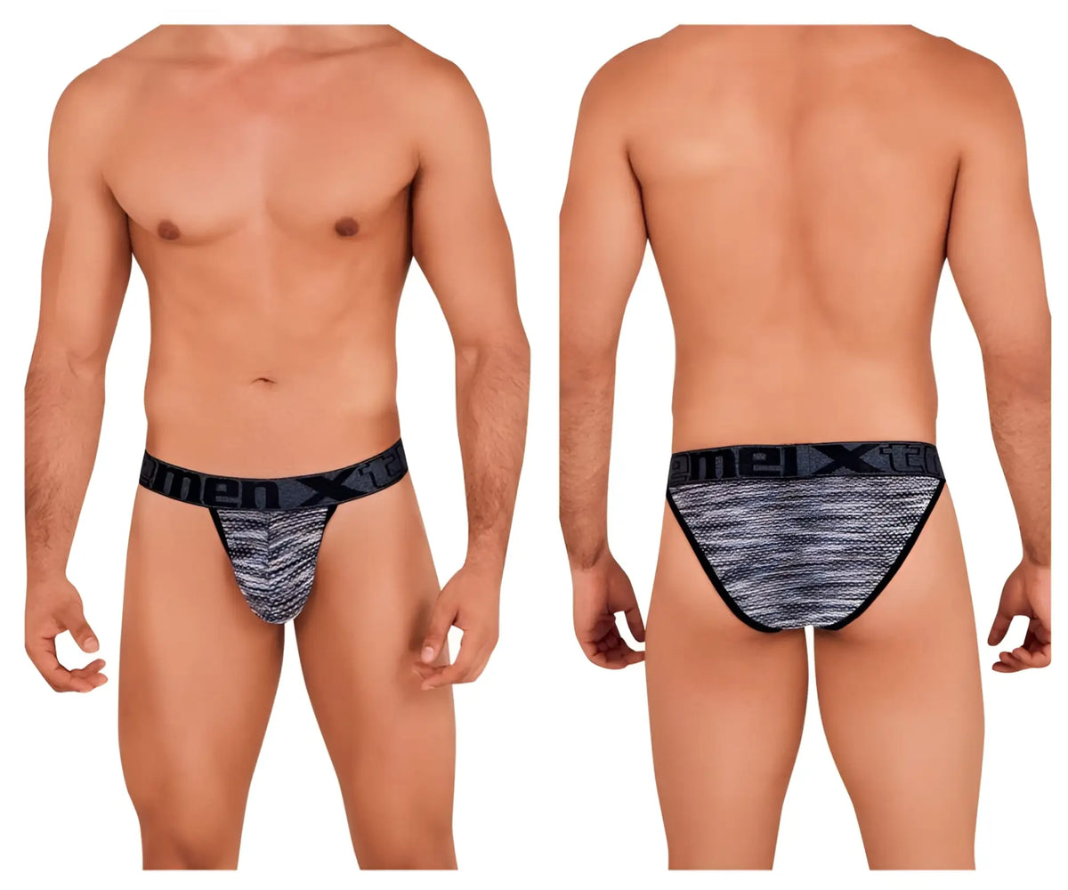 Black and gray patterned xtremen 91098 microfiber mesh bikini briefs with textured fabric design for men