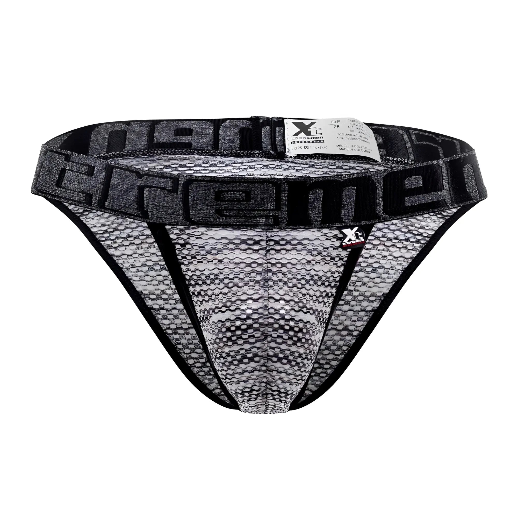 Black and gray mesh microfiber men’s bikini underwear with bold xtreme logo waistband from xtremen 91098x