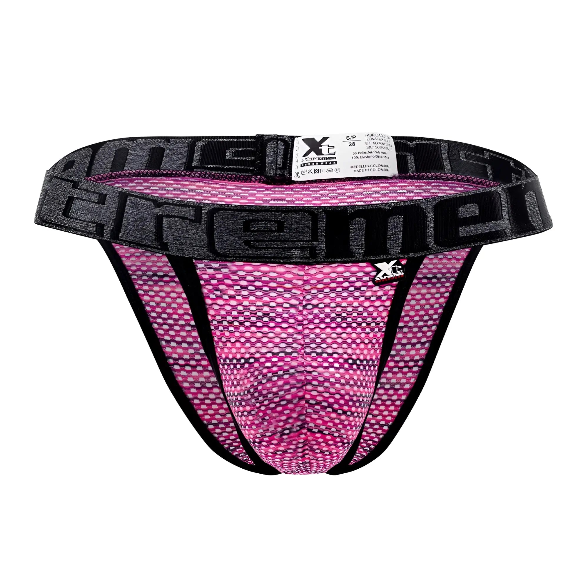 Pink and black Xtremen 91098X microfiber mesh bikini briefs with bold extreme logo on the waistband