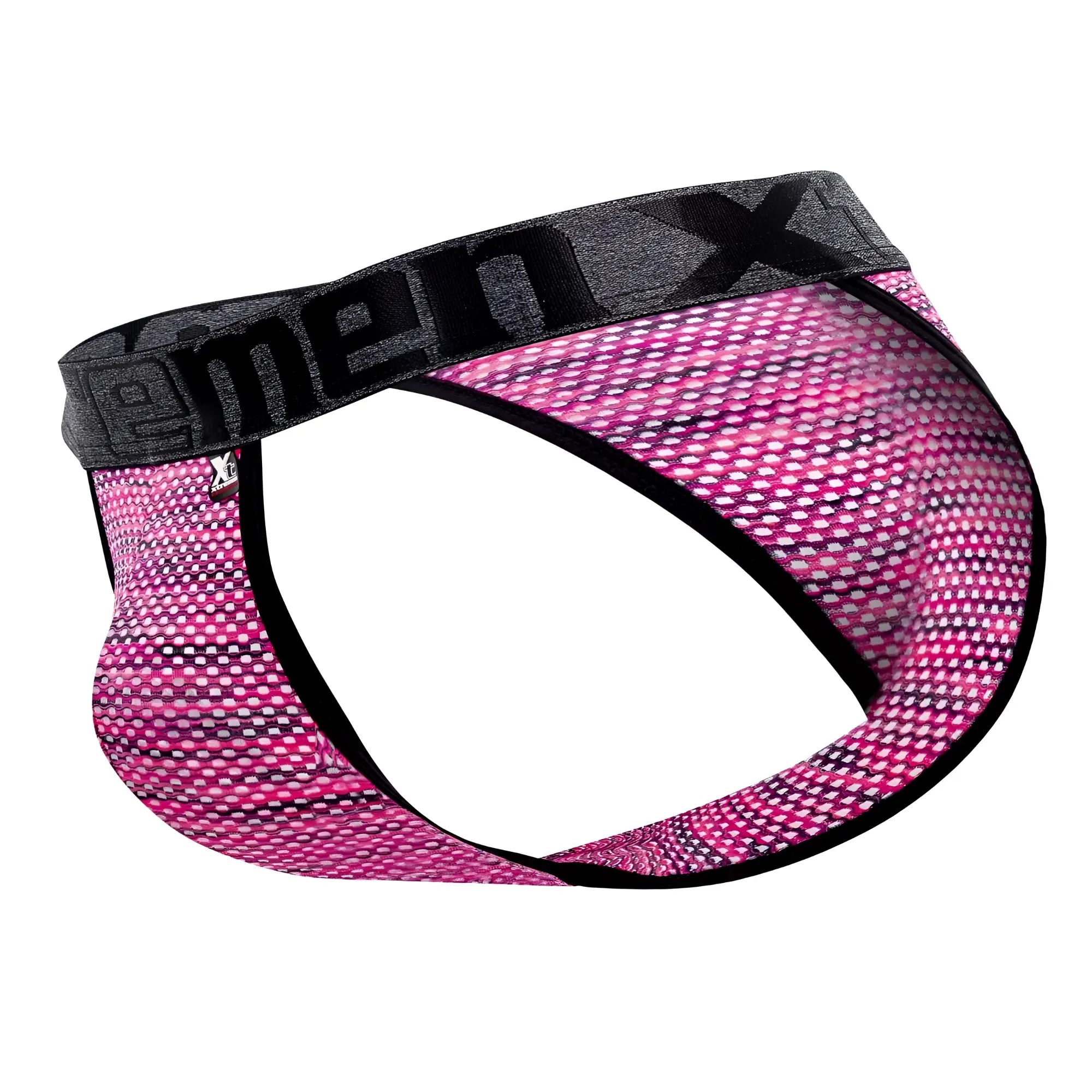 Pink and black microfiber mesh menx briefs with gray waistband featuring menx logo from xtremen 91098x series