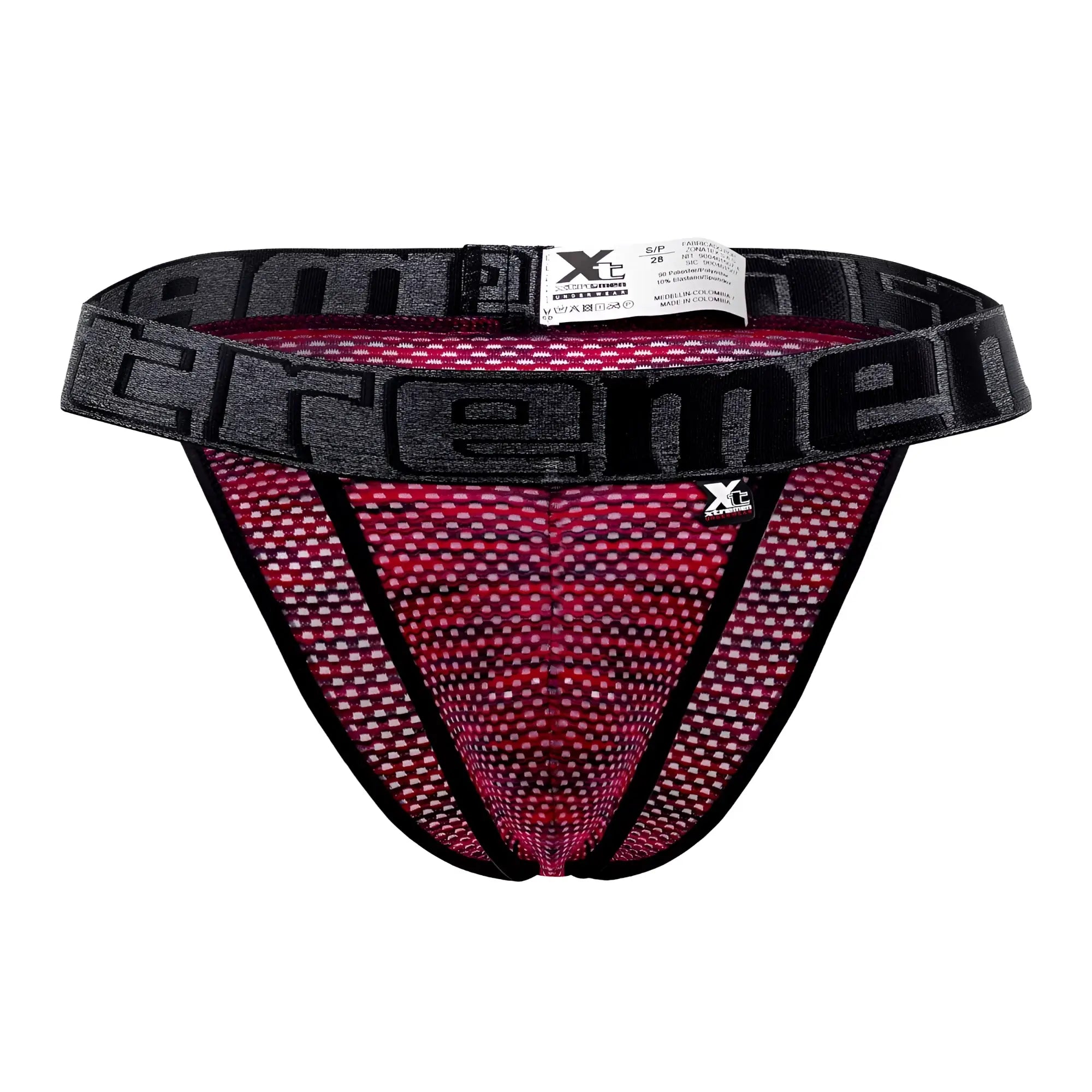 Black and pink mesh microfiber athletic briefs with bold extreme logo band in red xtremen 91098x bikini style
