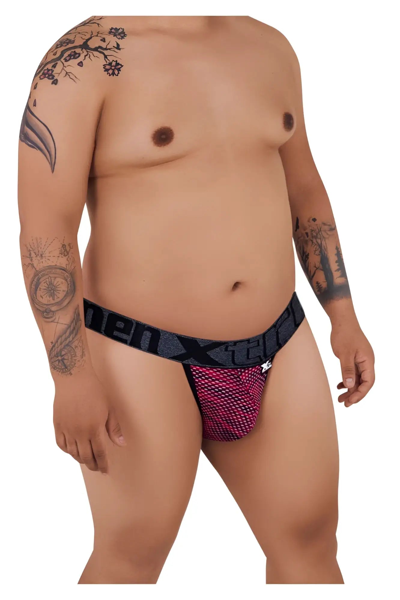 Black and pink microfiber mesh bikini briefs with bold menxtreme logo band xtremen 91098x microfiber mesh bikini red