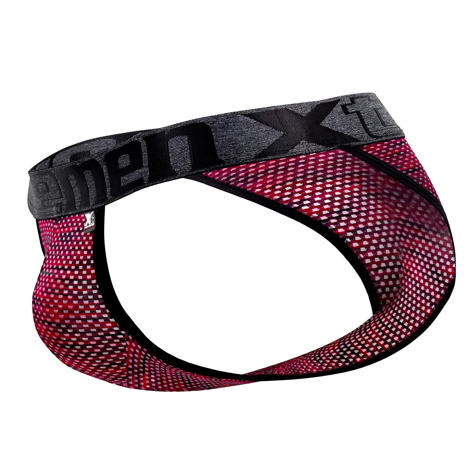 Mens xtreme red and black microfiber mesh briefs with gray xtreme logo waistband in bikini style
