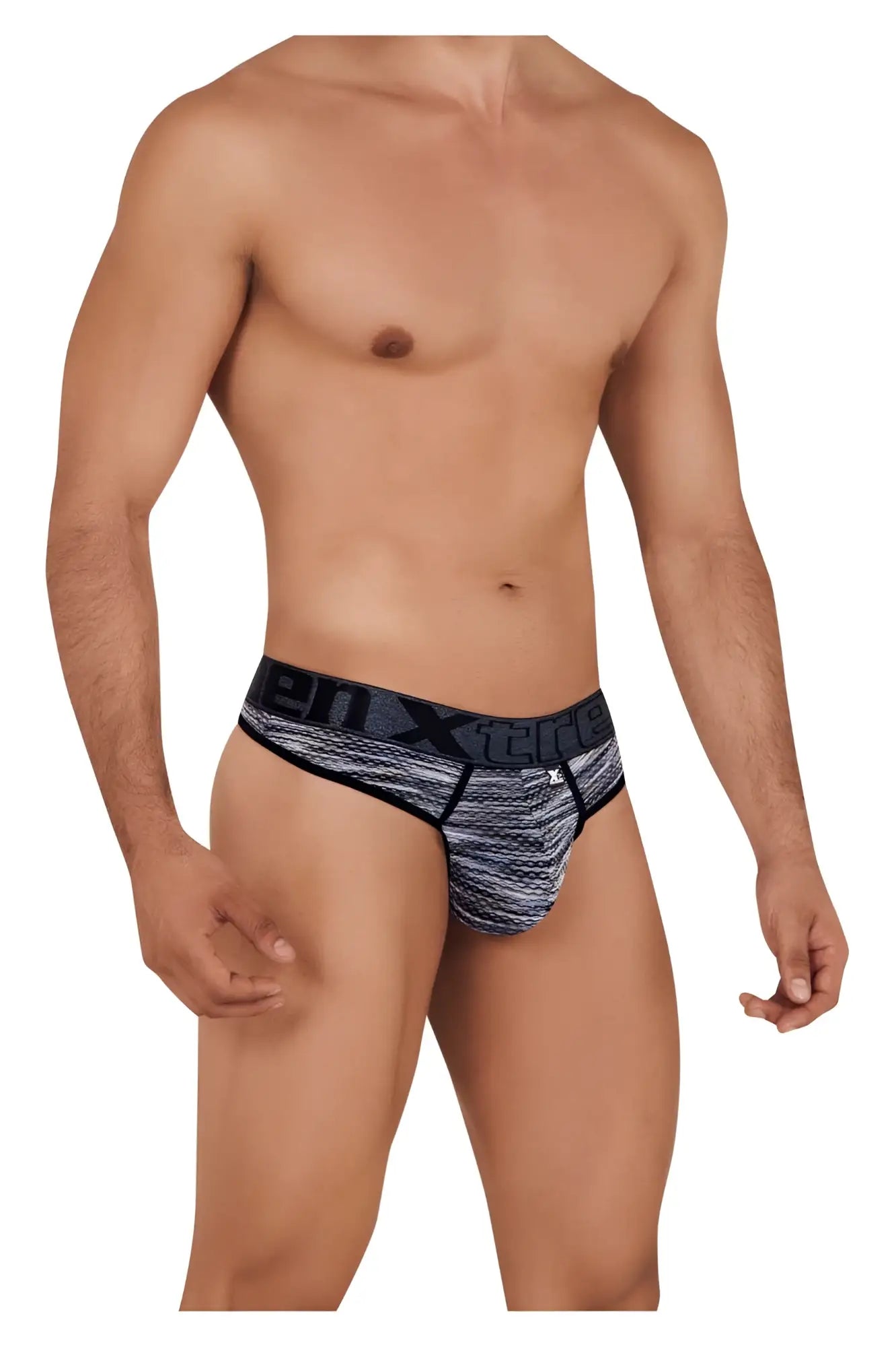 Black and gray patterned men’s Xtremen 91100 microfiber mesh briefs with bold xtreme logo on waistband