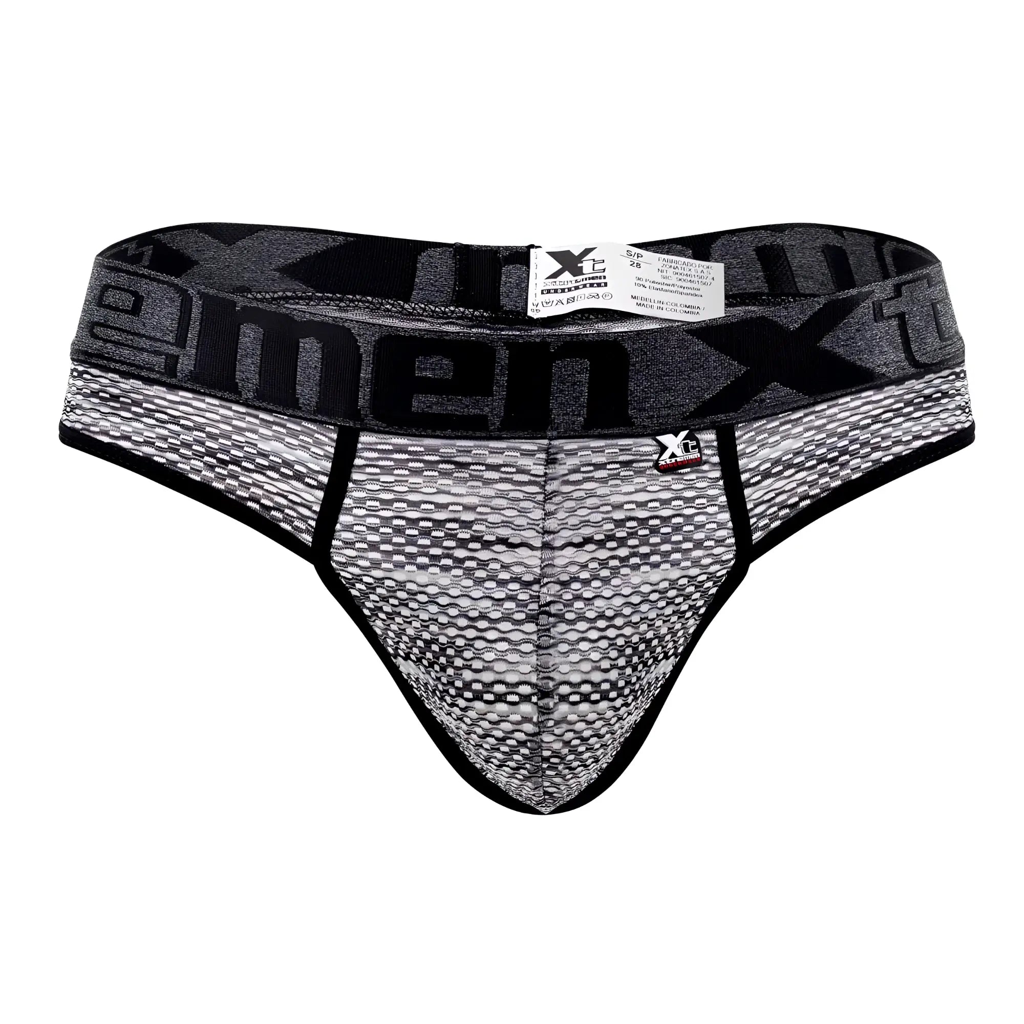 Black and gray patterned men’s briefs with textured microfiber mesh and bold xtreme branding on the waistband