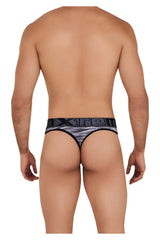 Black and gray patterned men’s thong with bold xre logo on waistband made of microfiber mesh from Xtremen 91100 collection