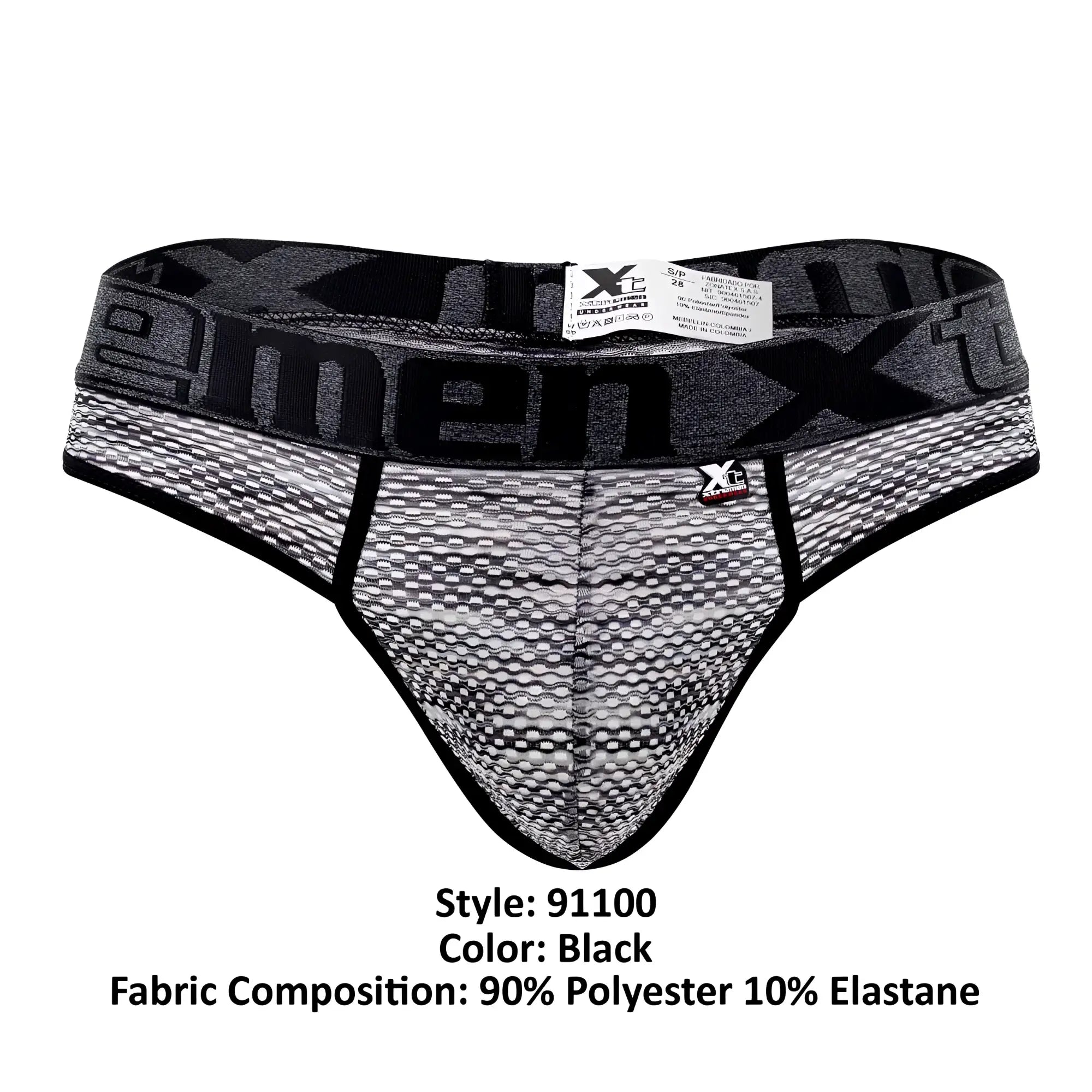 Black men’s briefs with textured gray and black microfiber mesh fabric featuring bold x-men waistband branding