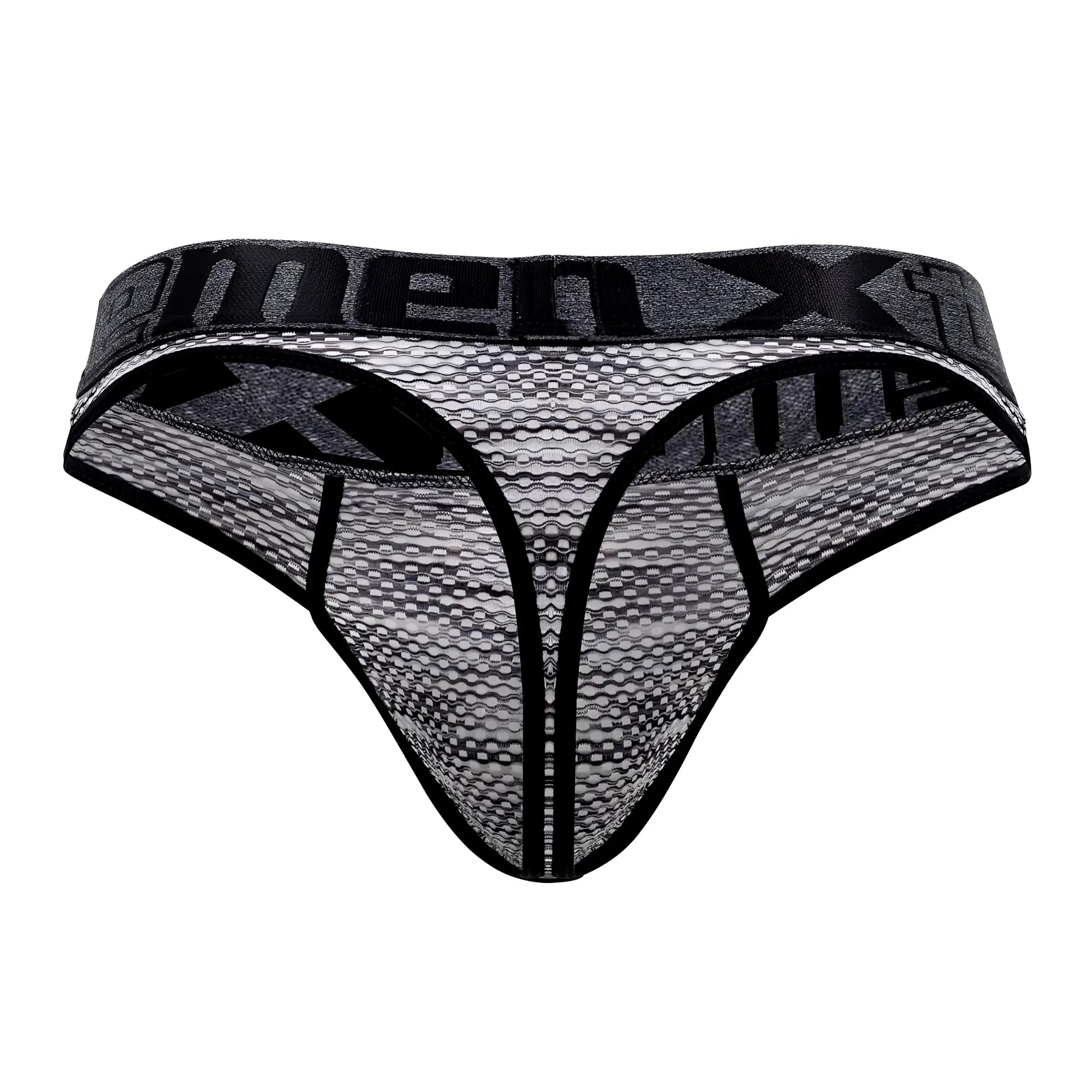 Black and gray mesh microfiber thong with bold menx logo band xtremen 91100x in black color